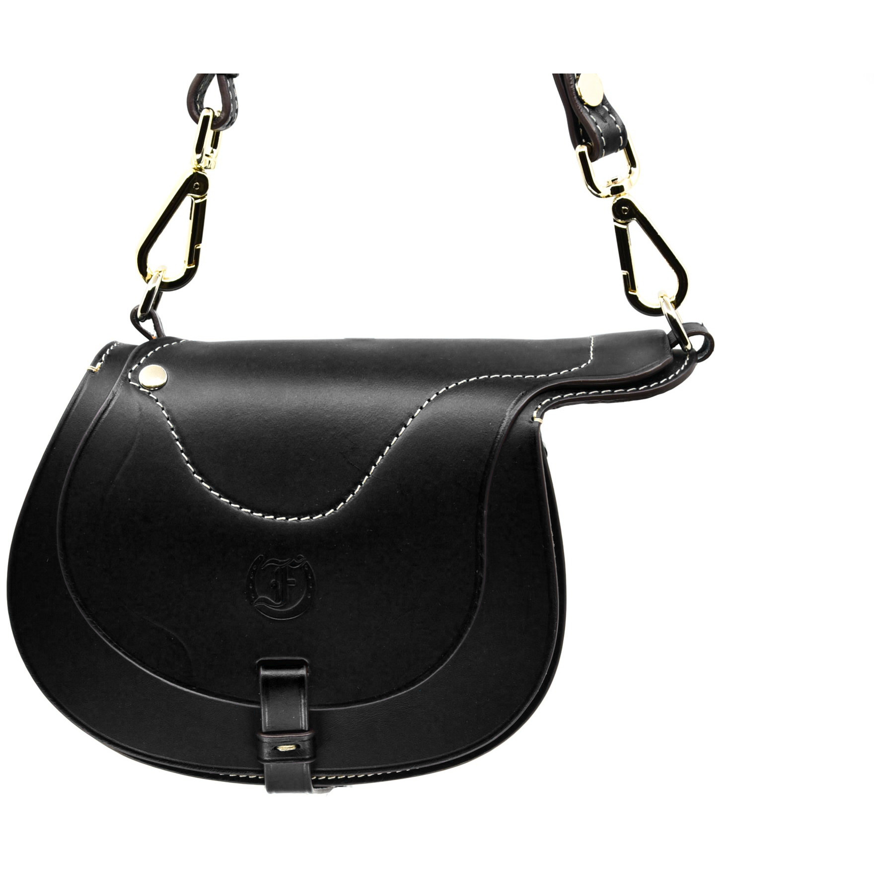 Close-up of Freedman's Black Leather Derby Shoulder Bag: Saddle-Inspired Flap Closure and Detailed Stitching