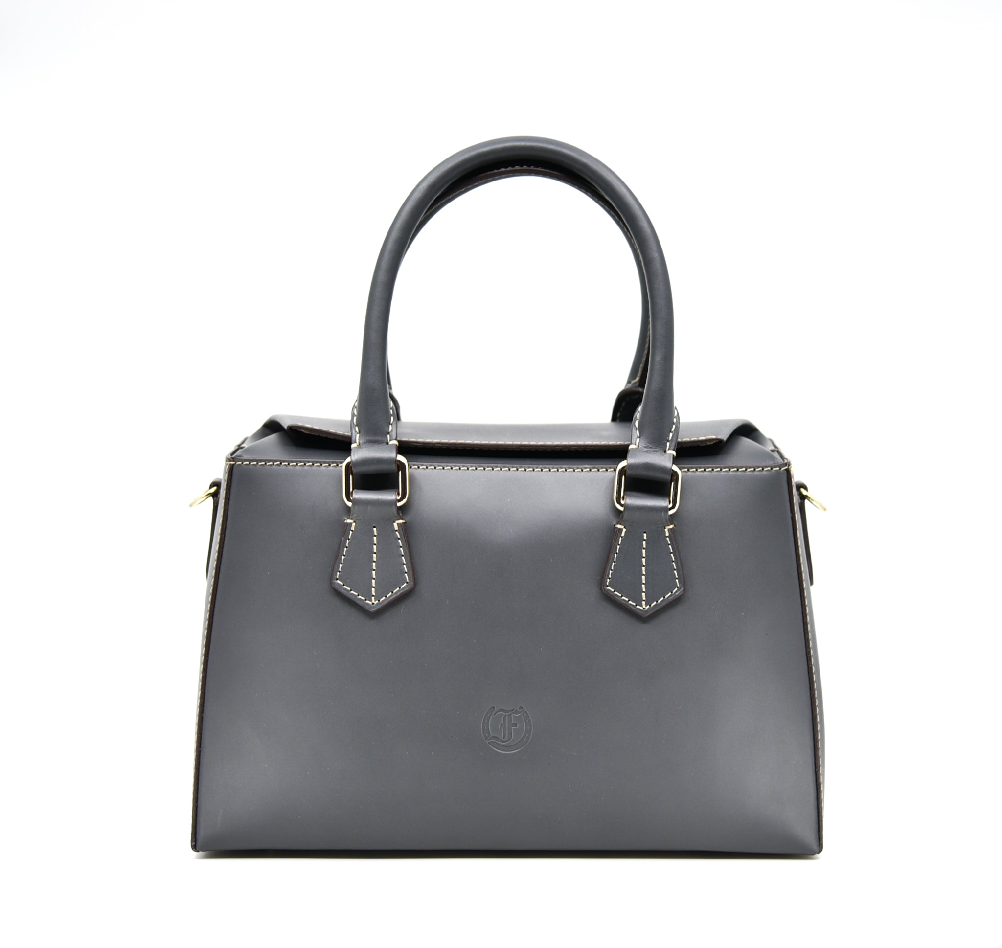 Freedman's Dormeuse Bag: Gray Leather Handbag with Top Handle and Gold Hardware