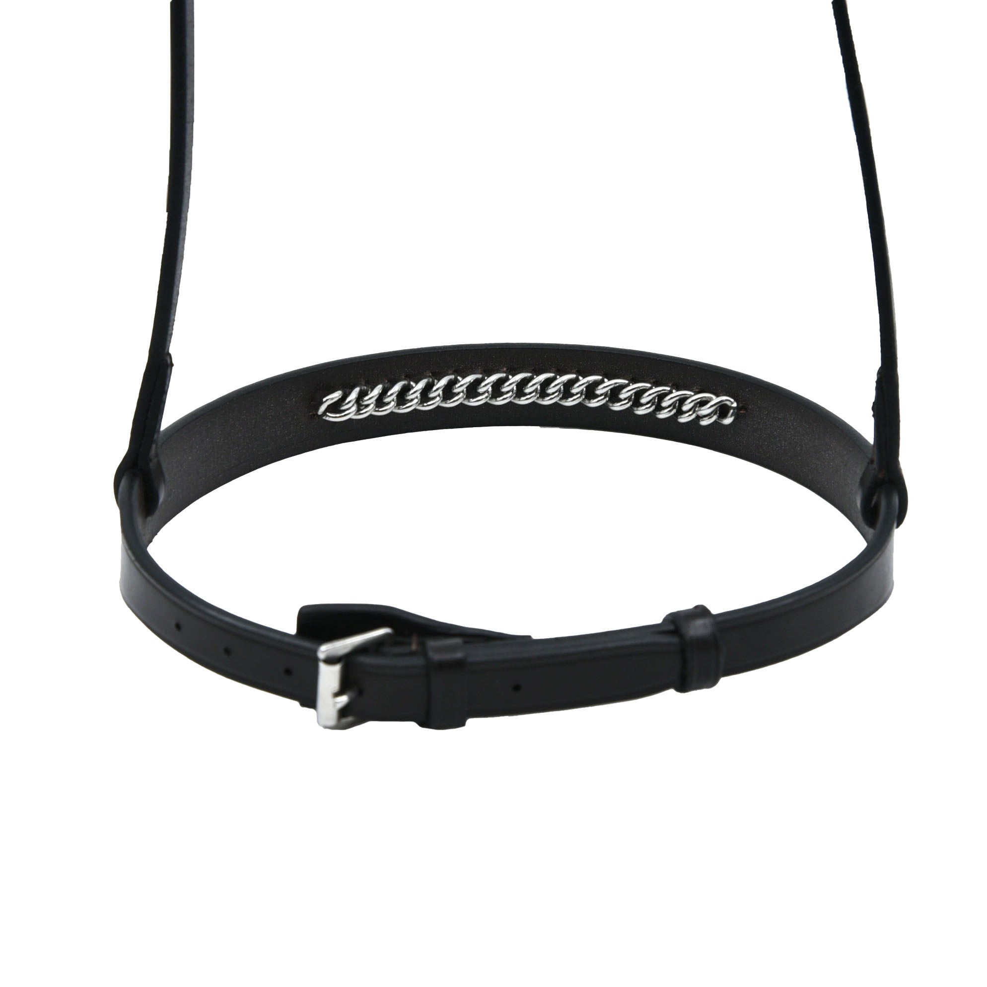Close-up of Freedman's Classic Flat Caveson: Black Leather, Hidden Dog Chain Detail on Front