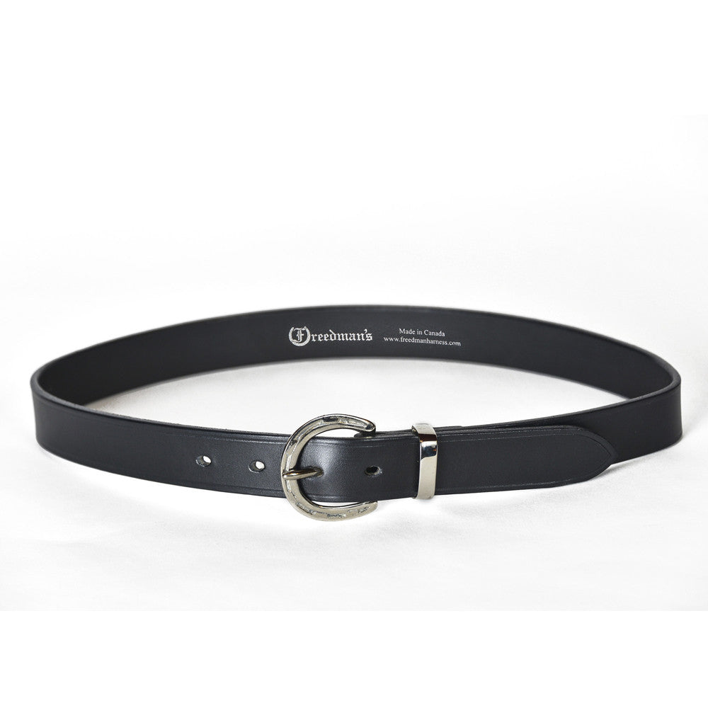 Black Belt with Horseshoe Buckle and Brand Inscription