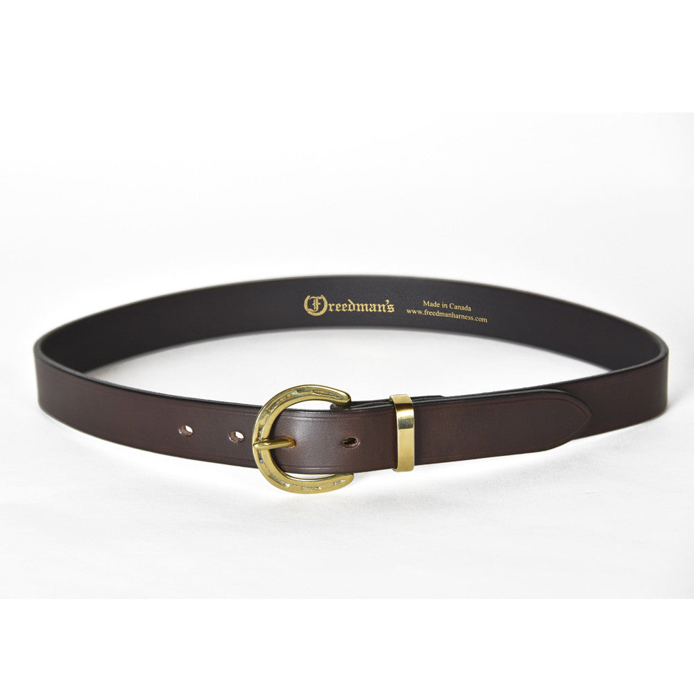 Dark Brown Belt with Horseshoe Buckle and Brand Inscription