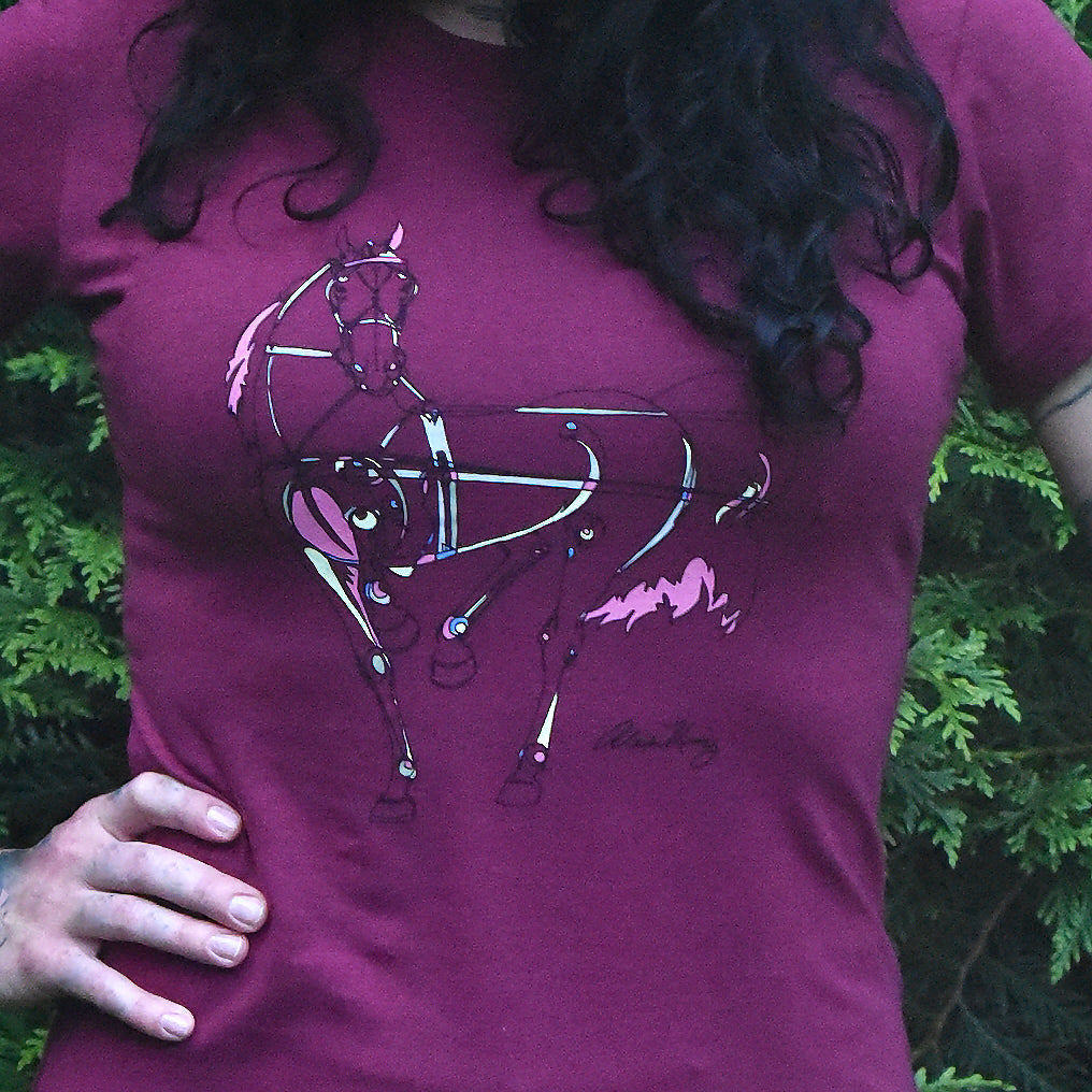 Women wearing the Freedman's Ladies T-Shirt with Alexa King Graphic. Equestrian-inspired tee featuring an artistic horse design - Brandy