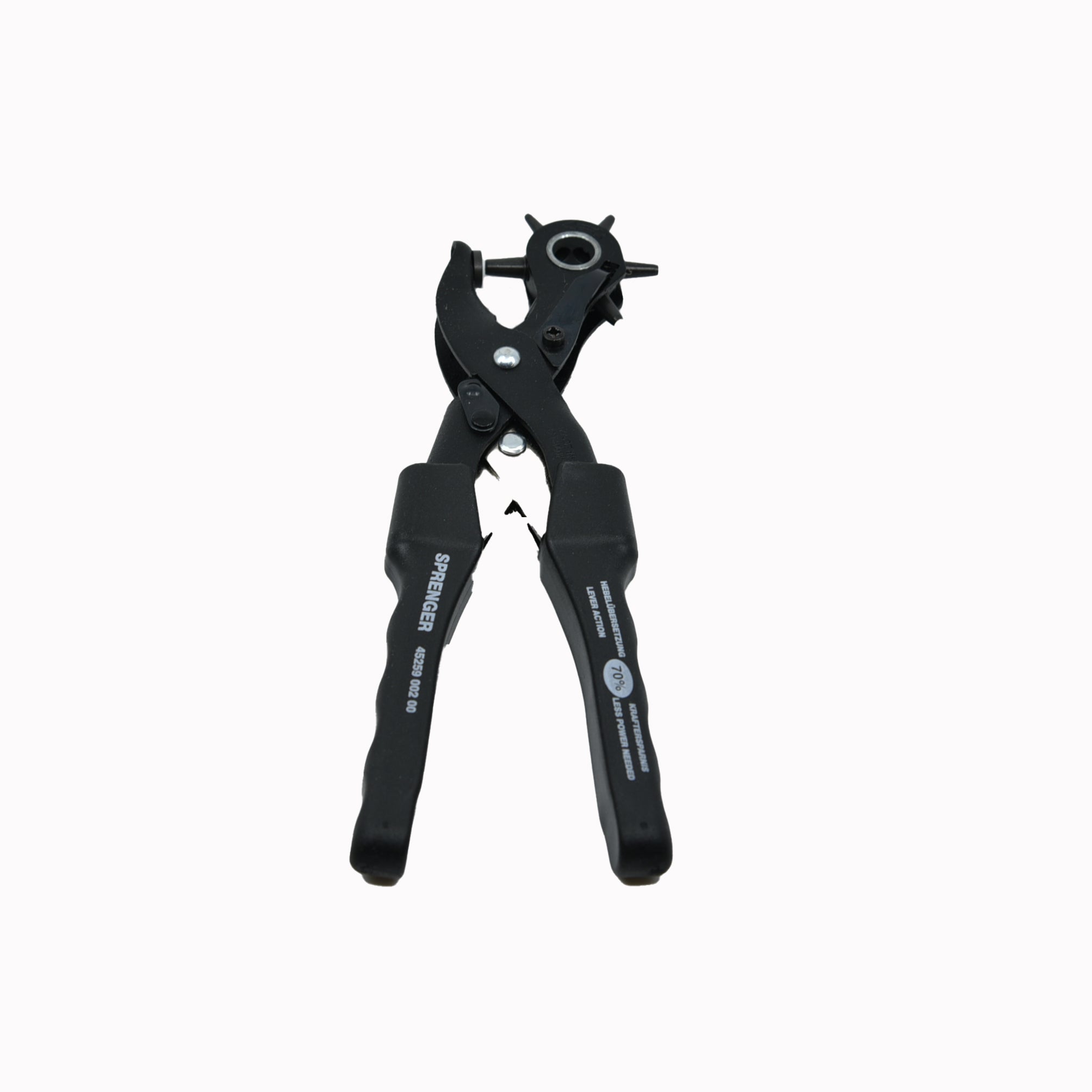 Black Sprenger Power Plier Leather Hole Punch with multiple hole sizes, displayed on a white background.