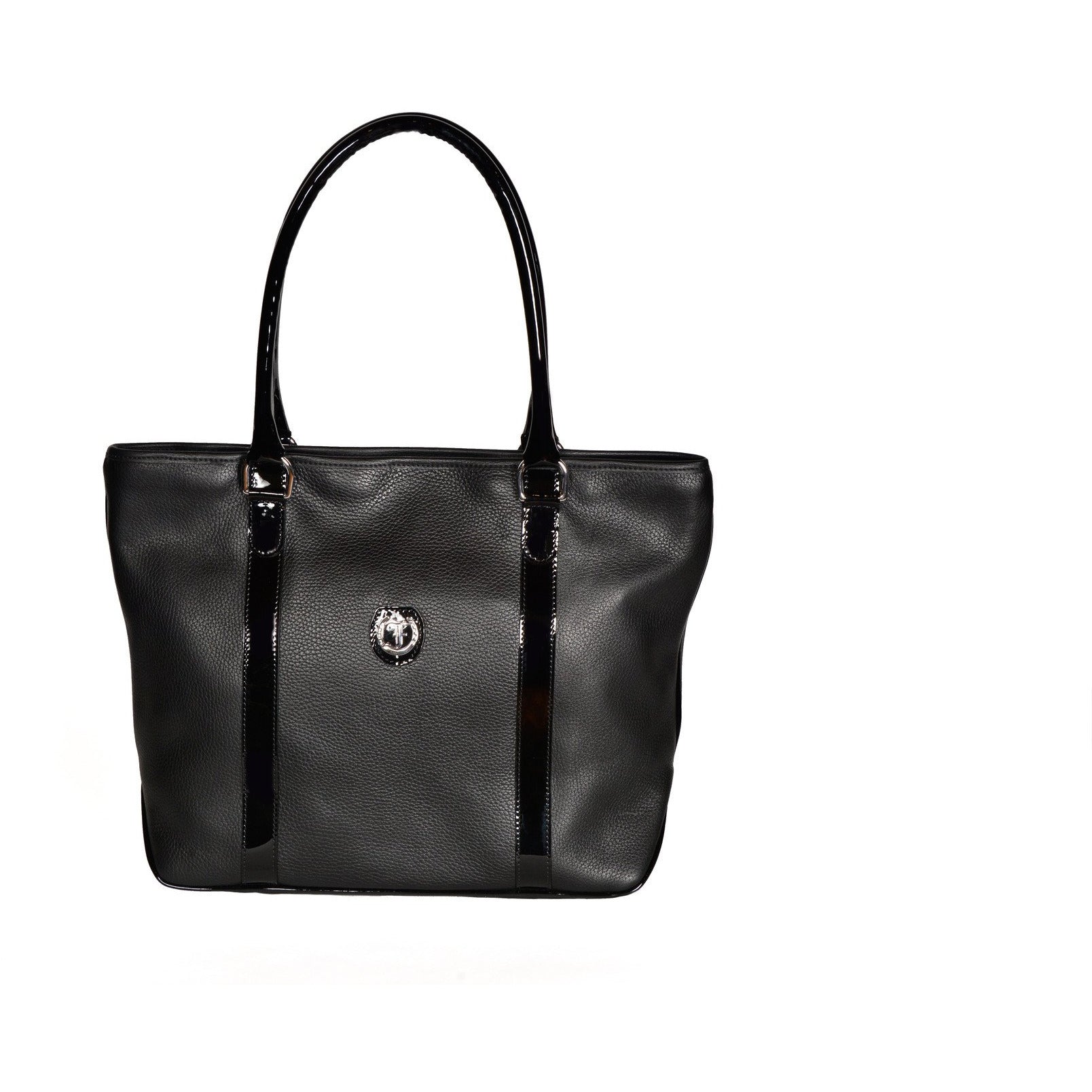 reedman's Victoria Tote, Black textured leather, high gloss patent leather handles, silver circular logo on front, light contrast stitching, light background.