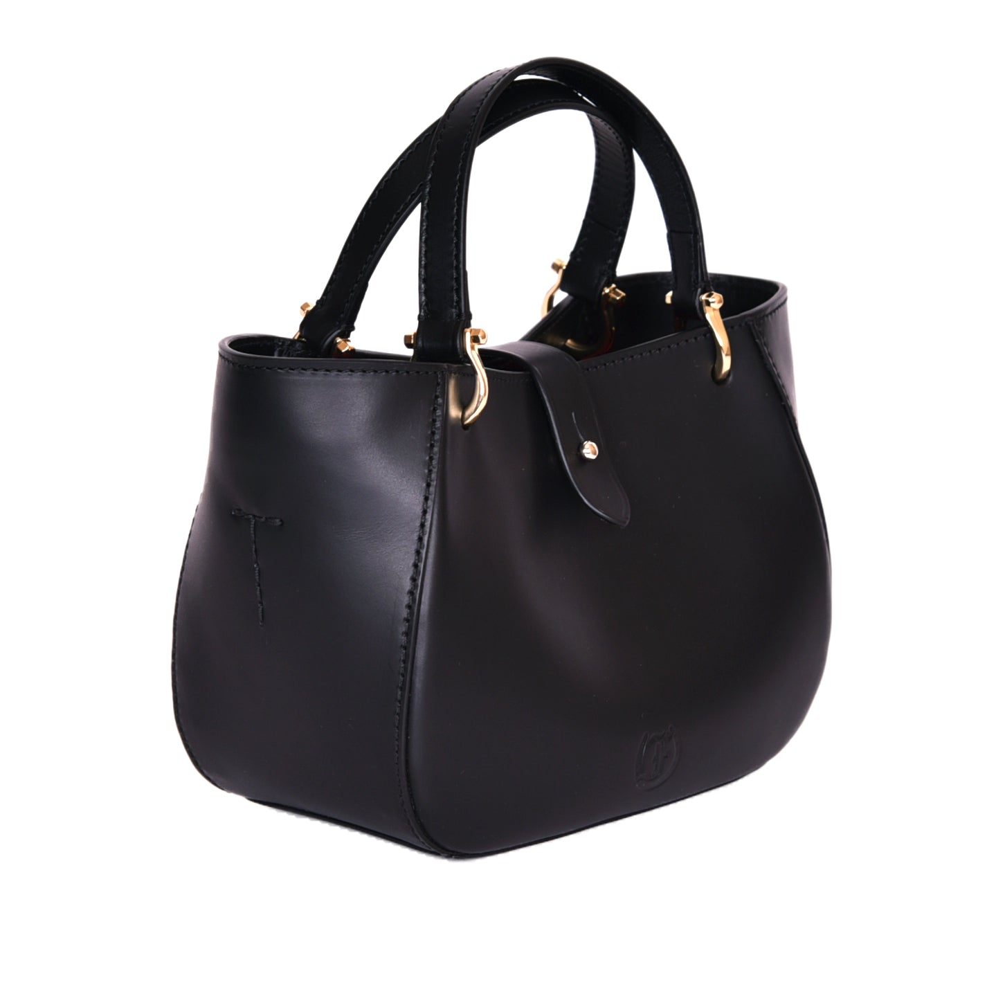 Angled view of black leather Mini Cabriolet Bag by Freedman's, showing curved silhouette, top handle, and gold-tone hardware.