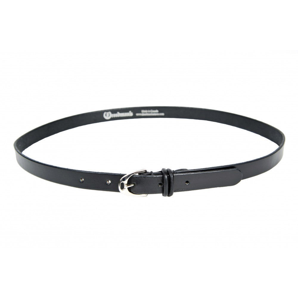 Black leather Skinny Stirrup Belt by Freedman's with silver stirrup buckle, displayed on a white background.