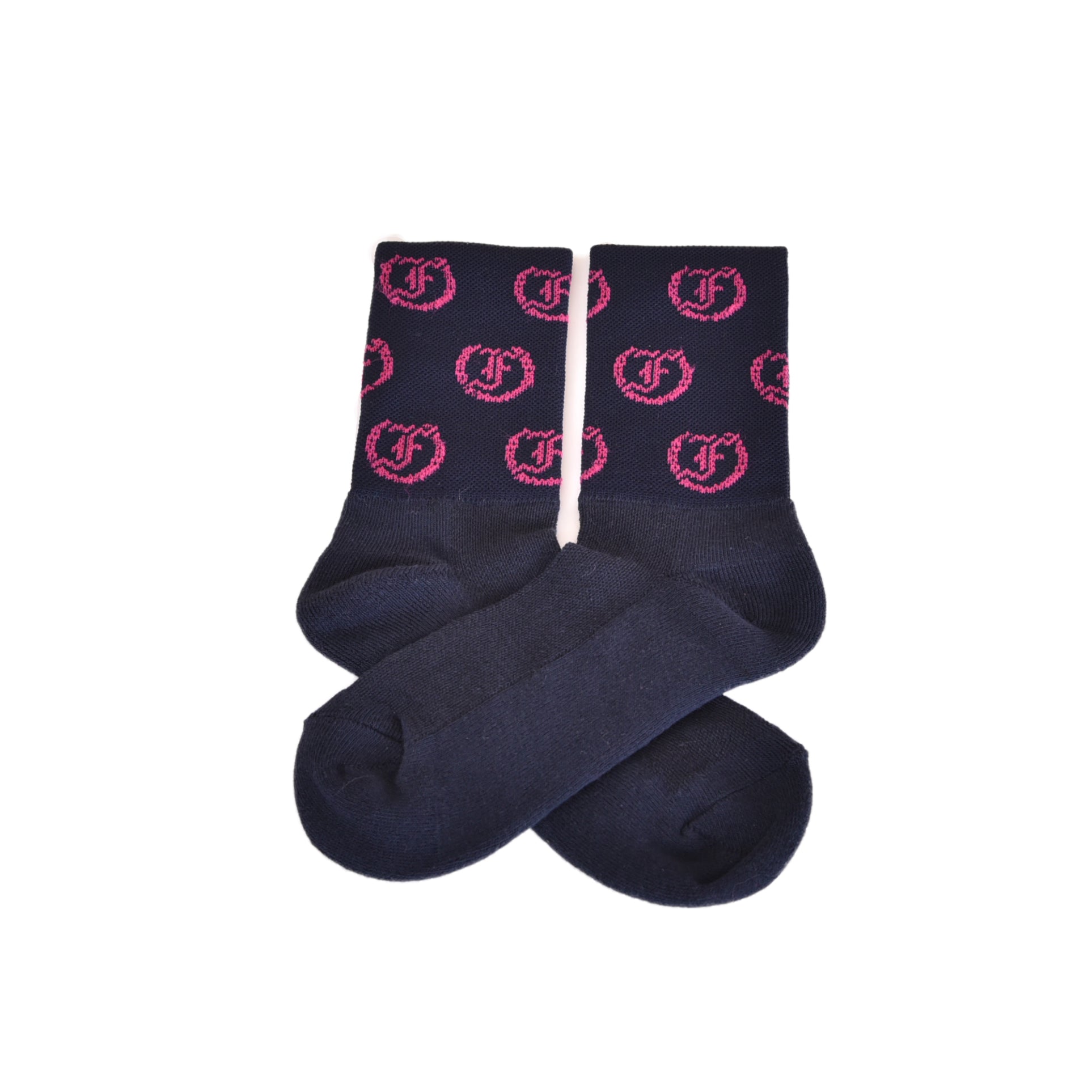 Dark navy socks with repeating pink Freedman's logo, laid flat with visible details and pattern.
