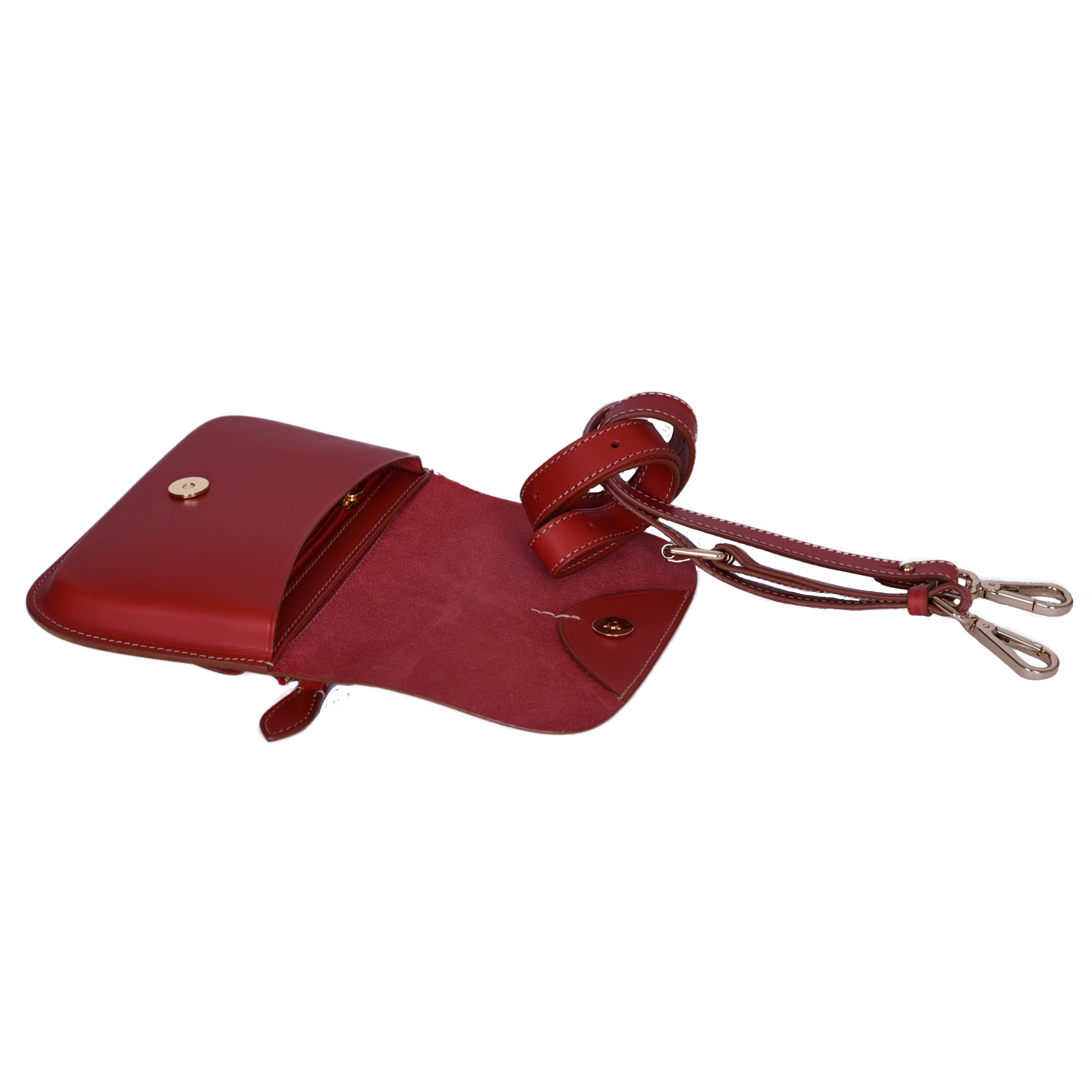 Freedman's Newcastle Belt Bag in Red Leather, open view showing interior and adjustable strap.