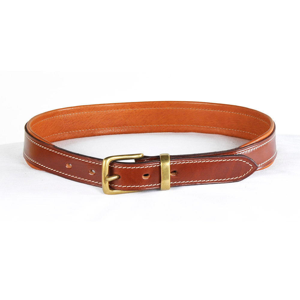 Padded Caveson Belt in brown leather with brass buckle and white stitching.