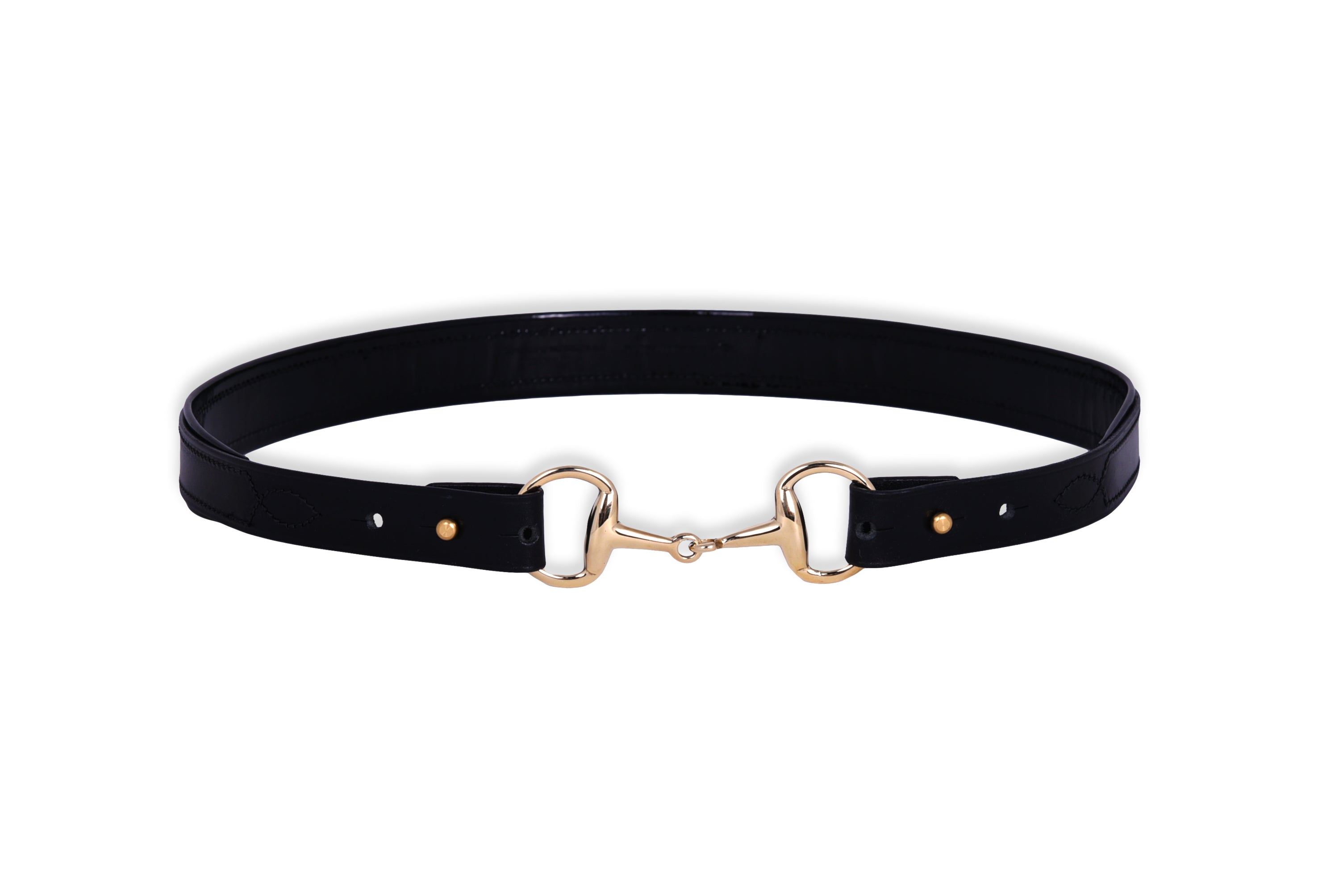 Black leather Snaffle Buckle Padded Caveson Belt with brass snaffle bit buckle and stud details, displayed on a white background.