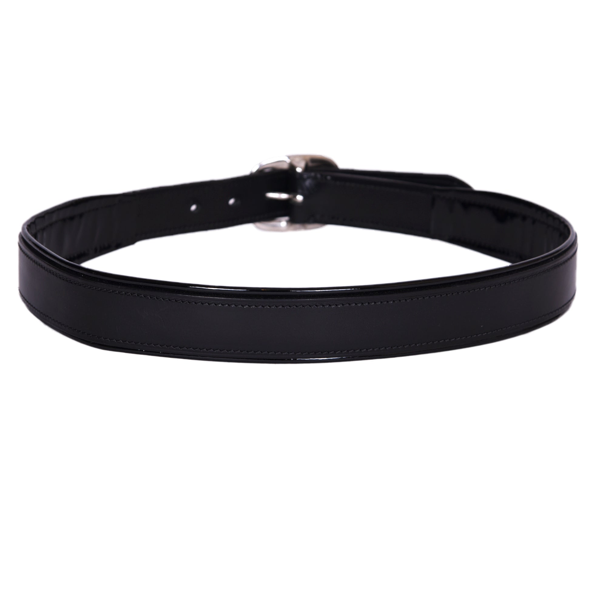 Black patent leather Padded Caveson Belt 1 1/2" with silver buckle. Back view