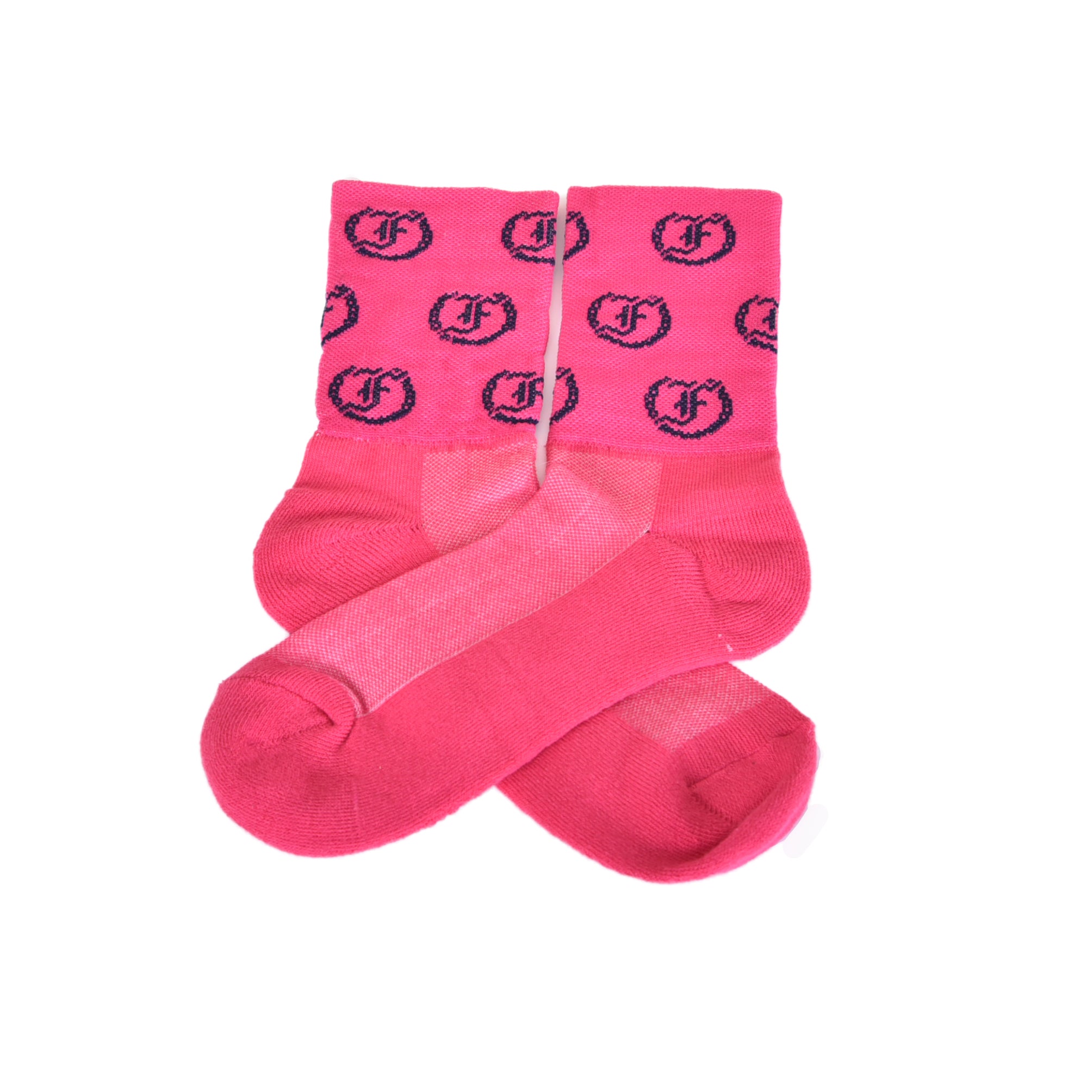 Bright pink socks with repeating circular Freedman's logo pattern in dark blue, laid flat with visible heel and toe details, white background.