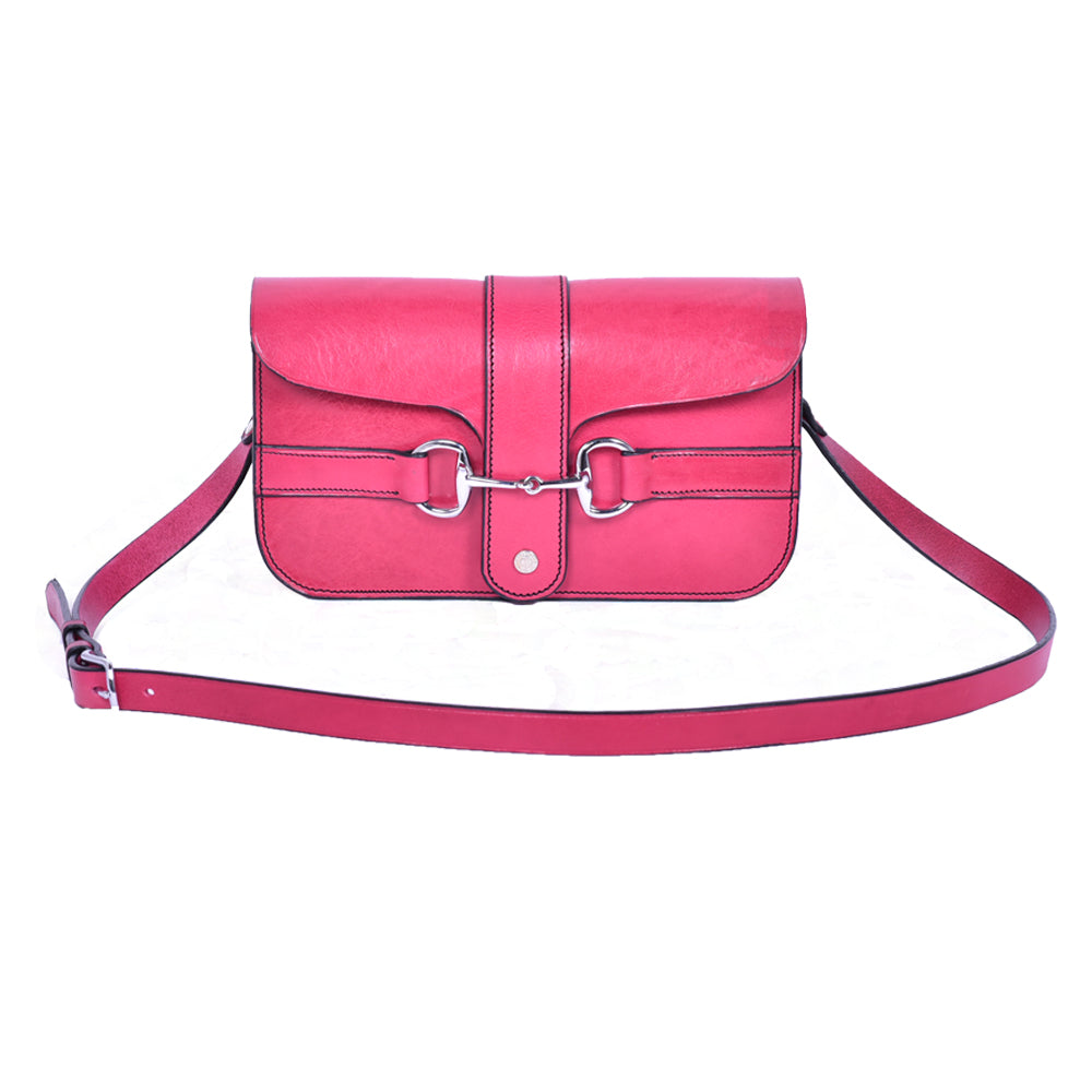 Pink leather Medium Snaffle Bit Shoulder Bag by Freedman's with silver snaffle bit hardware and adjustable strap.
