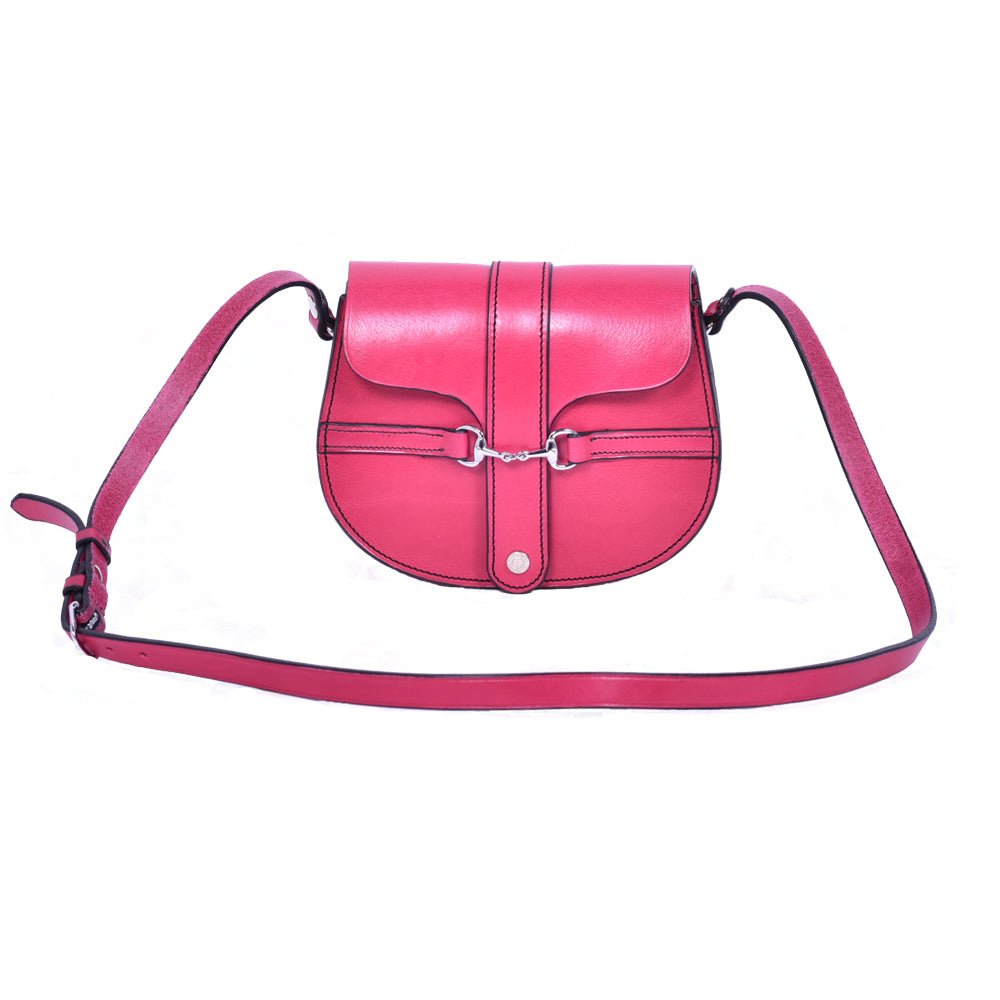 Pink leather Small Snaffle Bit Shoulder Bag by Freedman's with Silver snaffle bit hardware and adjustable strap, displayed on a white background.