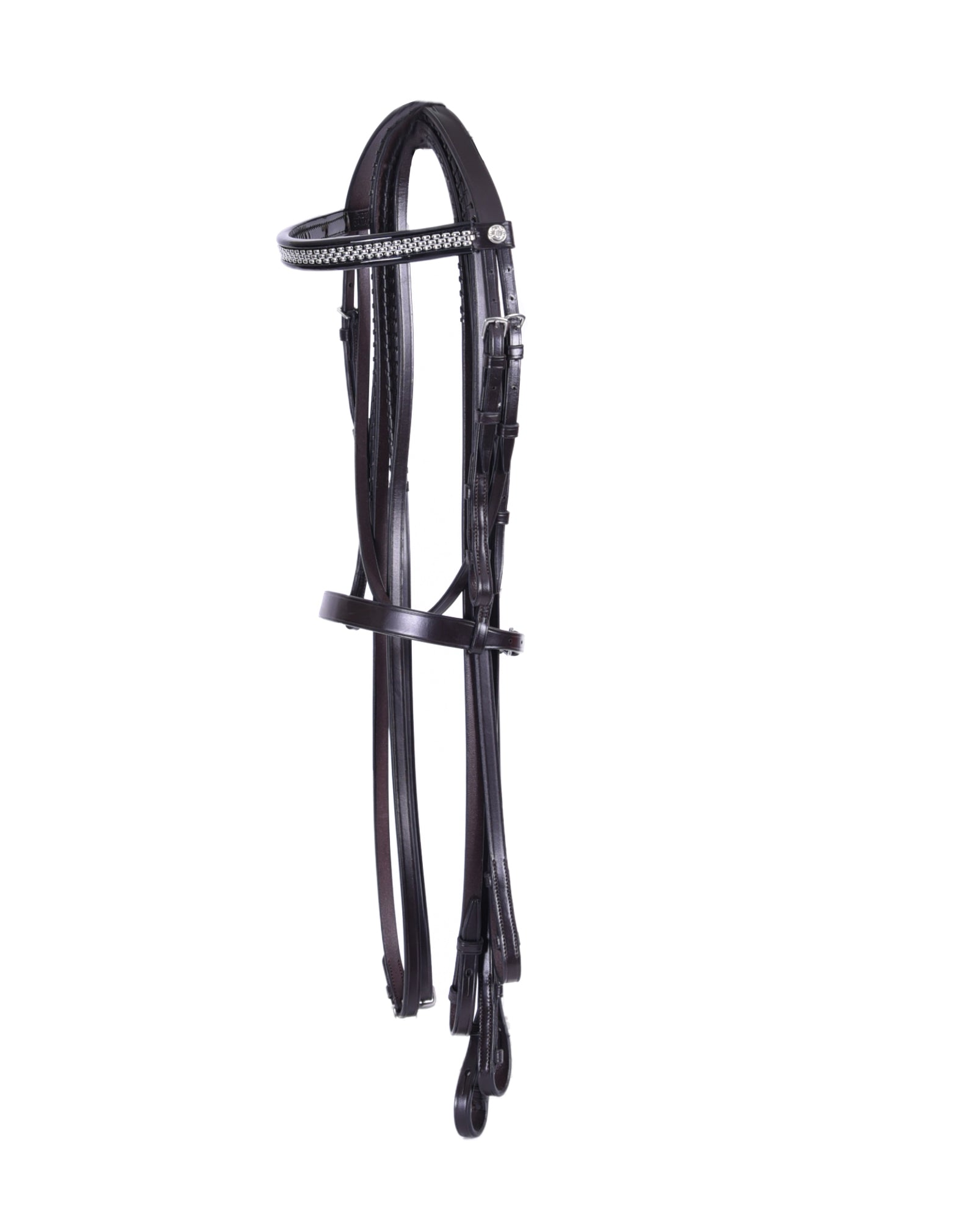 Road Pony Under Saddle Double Bridle in black leather with silver hardware and crystal browband, displayed on a white background.