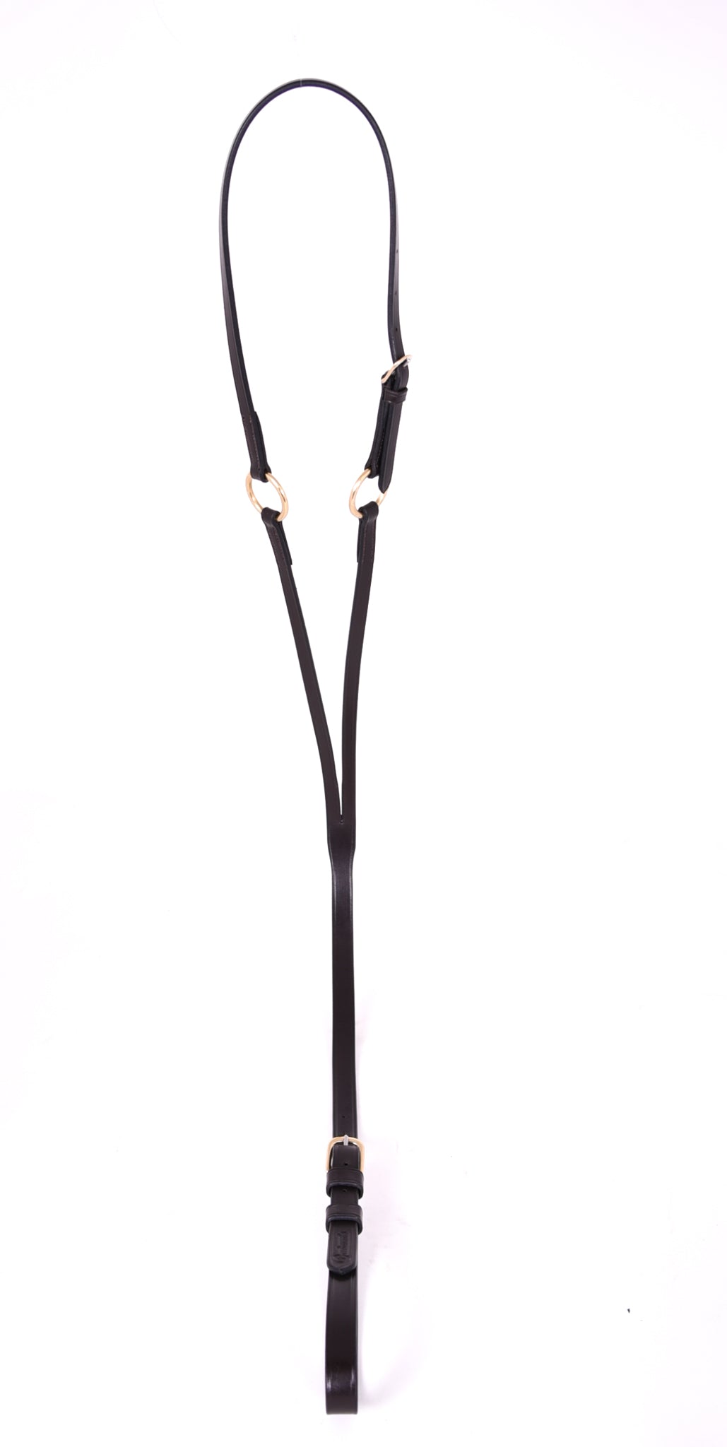 Black leather Show Running Martingale by Freedman's with brass hardware, displayed on a white background.