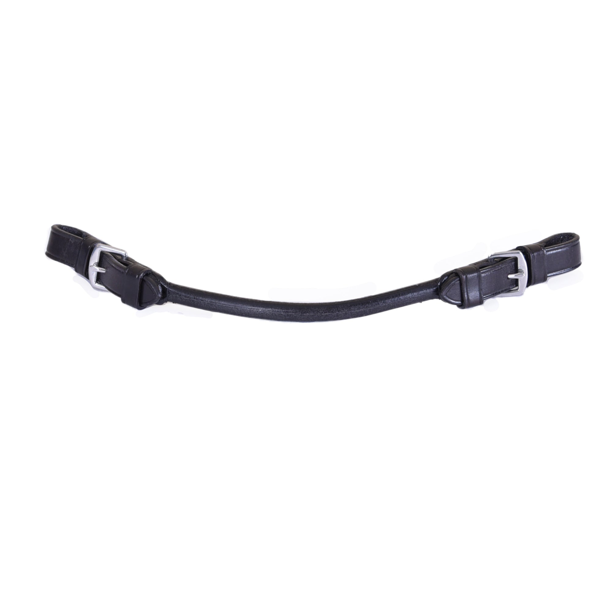 Black leather saddle handle with silver buckles, displayed on a white background.