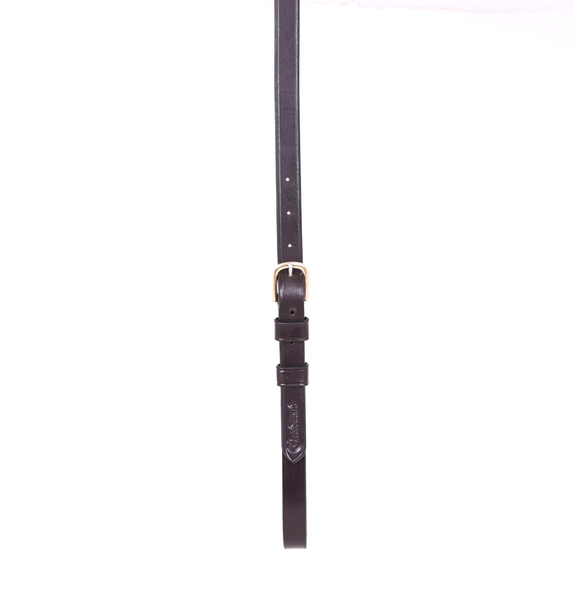 Close-up of black leather Show Running Martingale by Freedman's, showing brass buckle and detail, on a white background