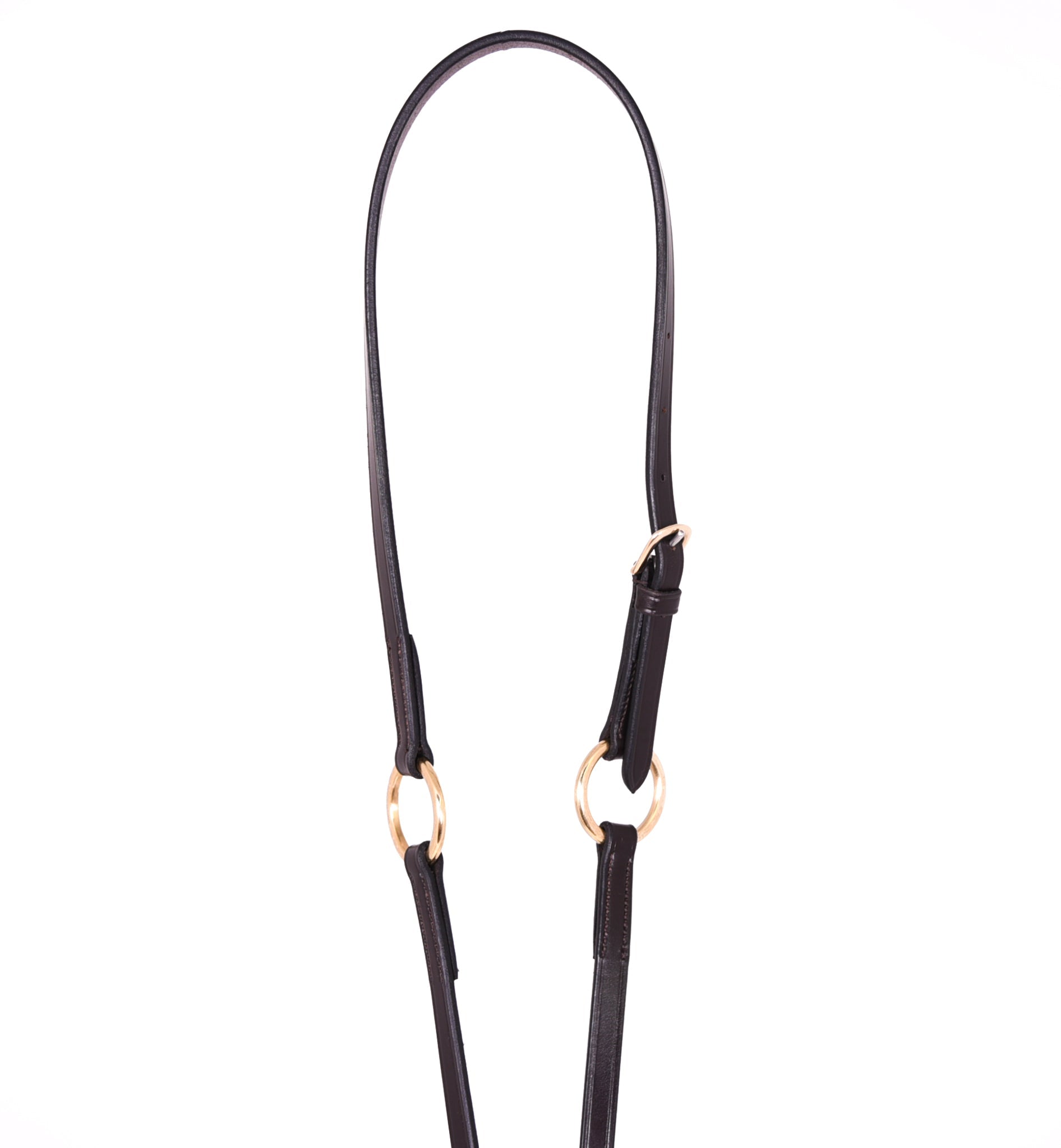 Black leather Show Running Martingale by Freedman's with brass rings, shown on a white background.