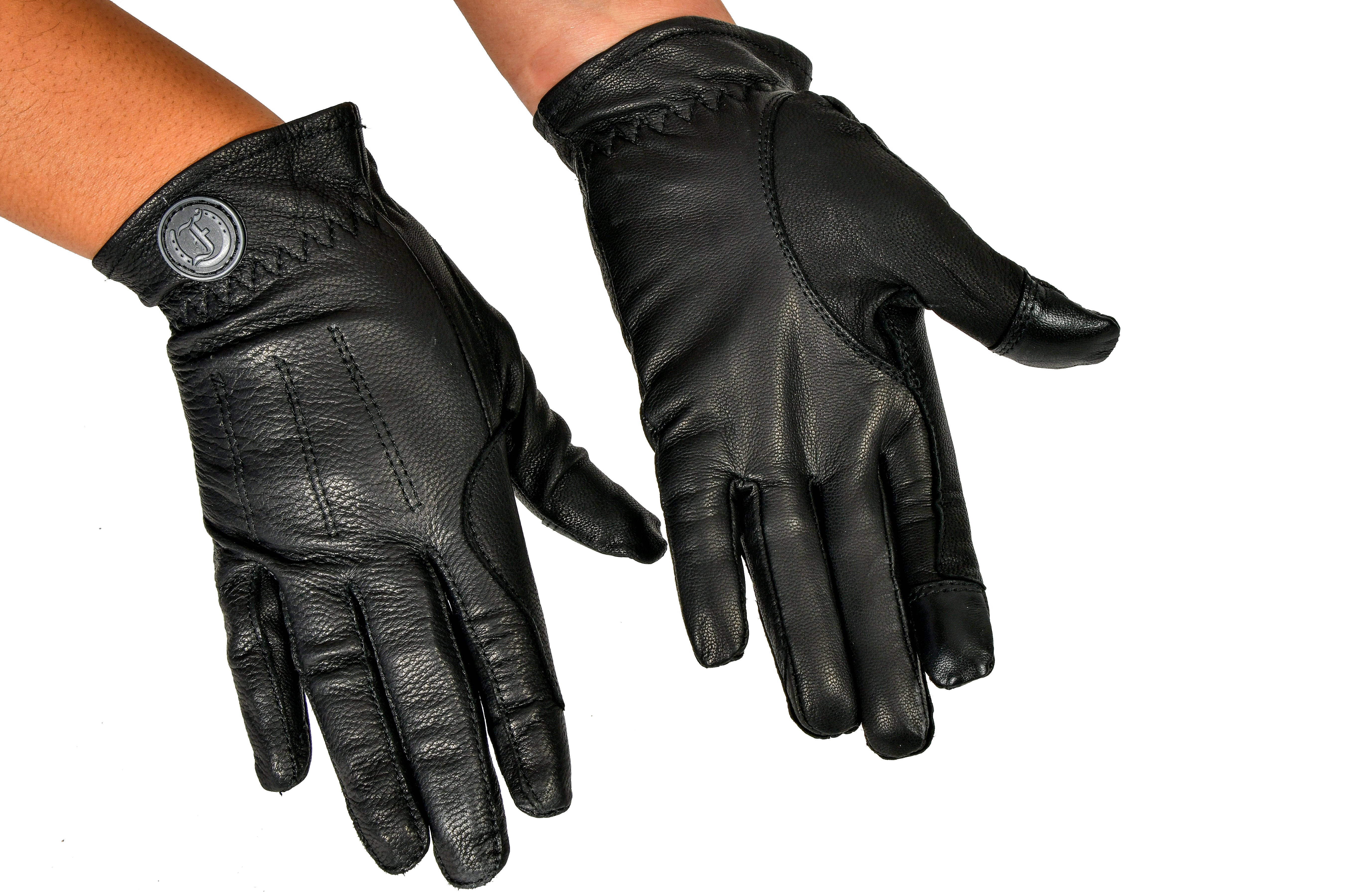Children's Riding Gloves: Black Leather Gloves with Elastic Wrist and Freedman’s Logo Patch for Equestrian Use