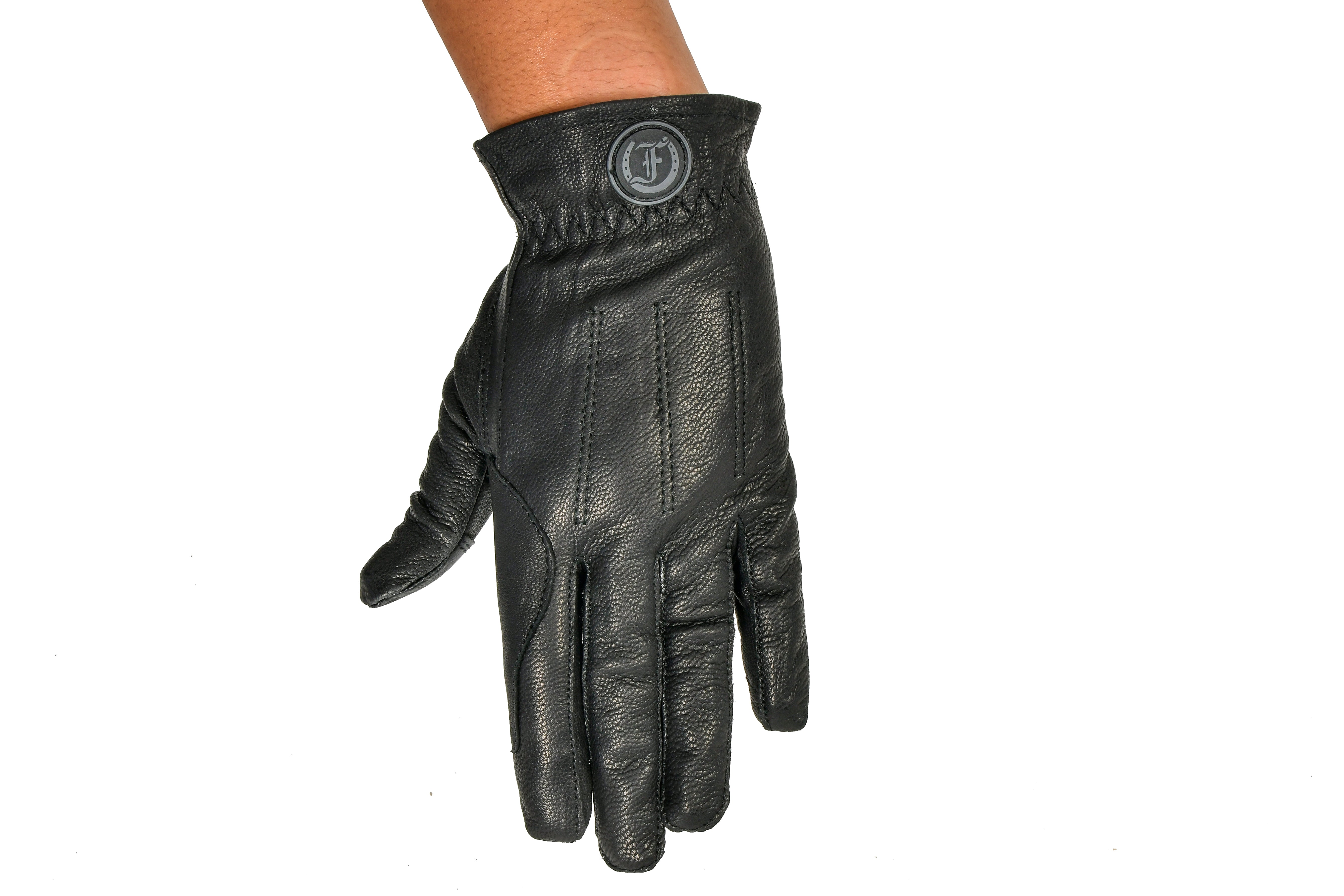 Kids' Riding Glove: Black Leather Glove with Freedman’s Logo Patch and Stitched Detailing, Single Glove
