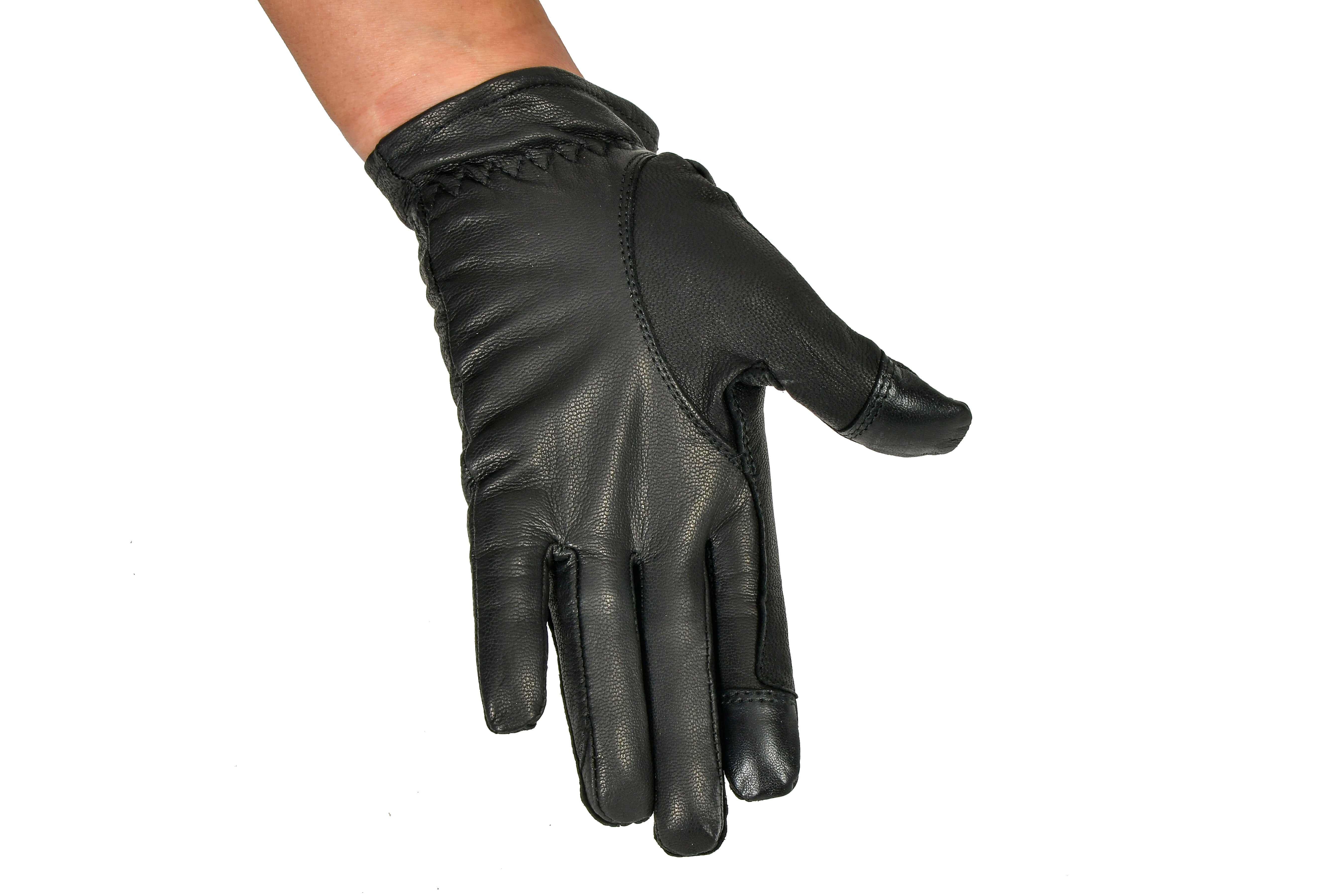 Kids' Riding Glove: Black Leather Glove, Single Glove View, Showing Stitched Seams and Finger Detail