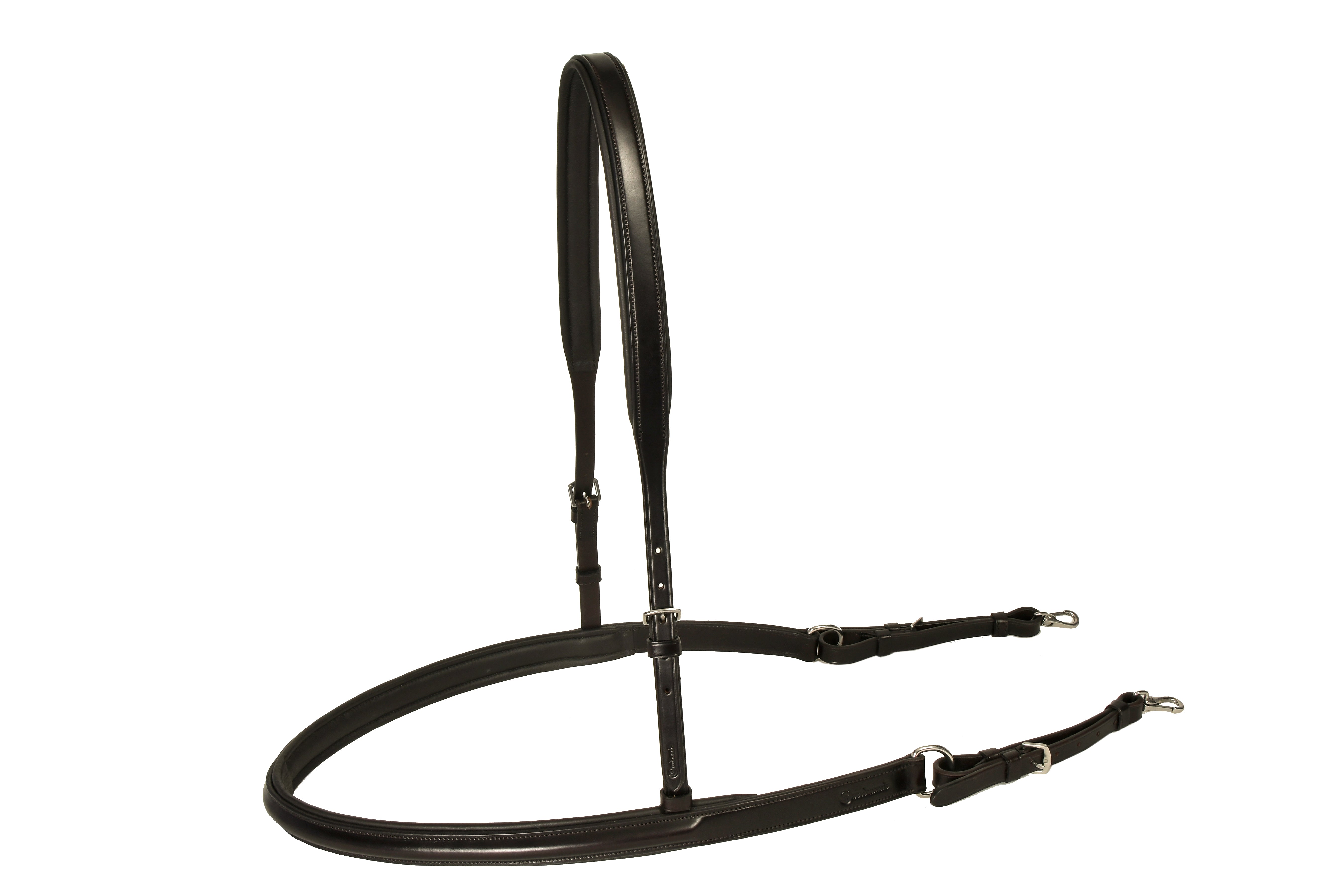Black leather Saddle Breast Collar with Stainless steel hardware, displayed on a white background.