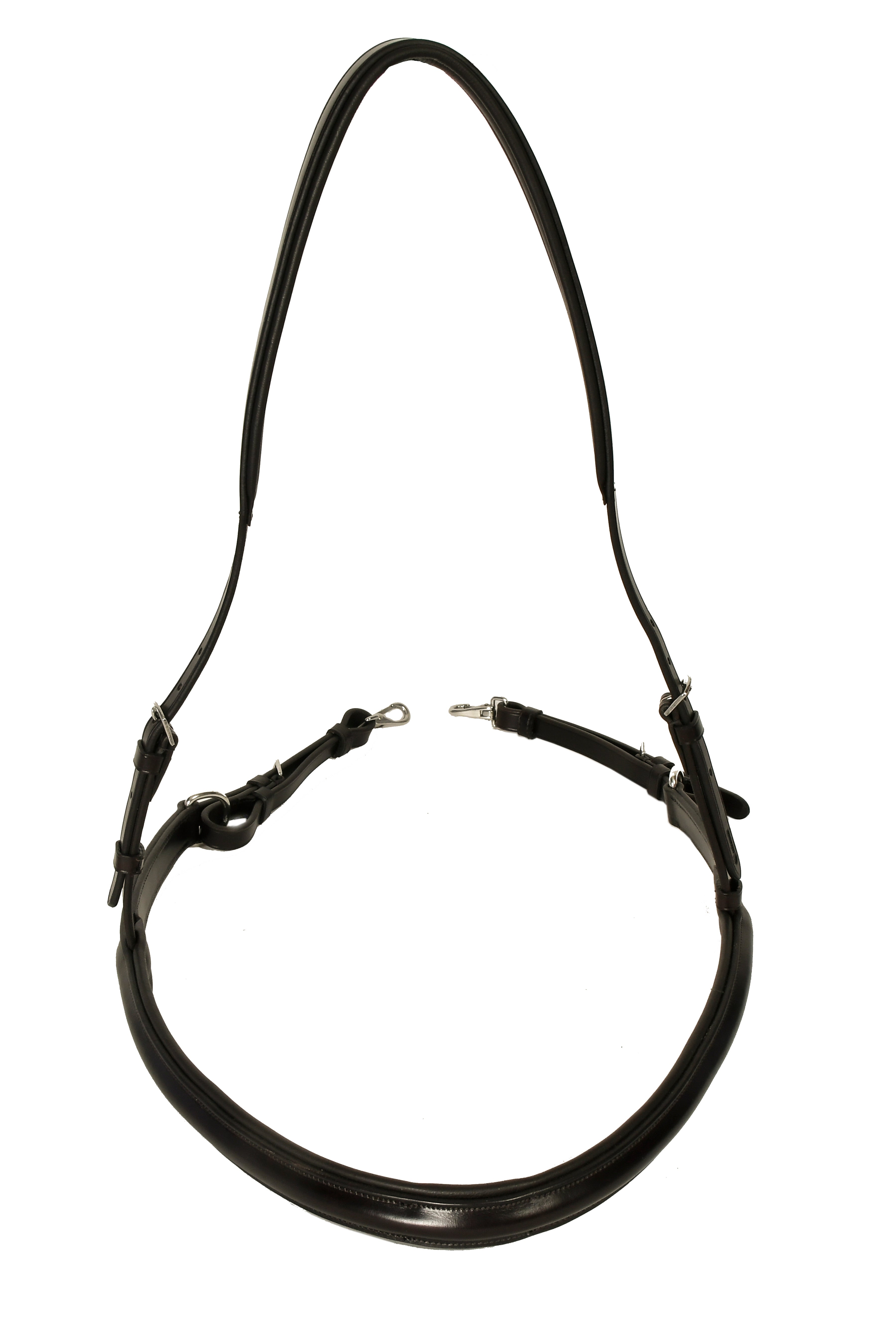 Black leather Saddle Breast Collar with Stainless steel hardware, displayed on a white background.