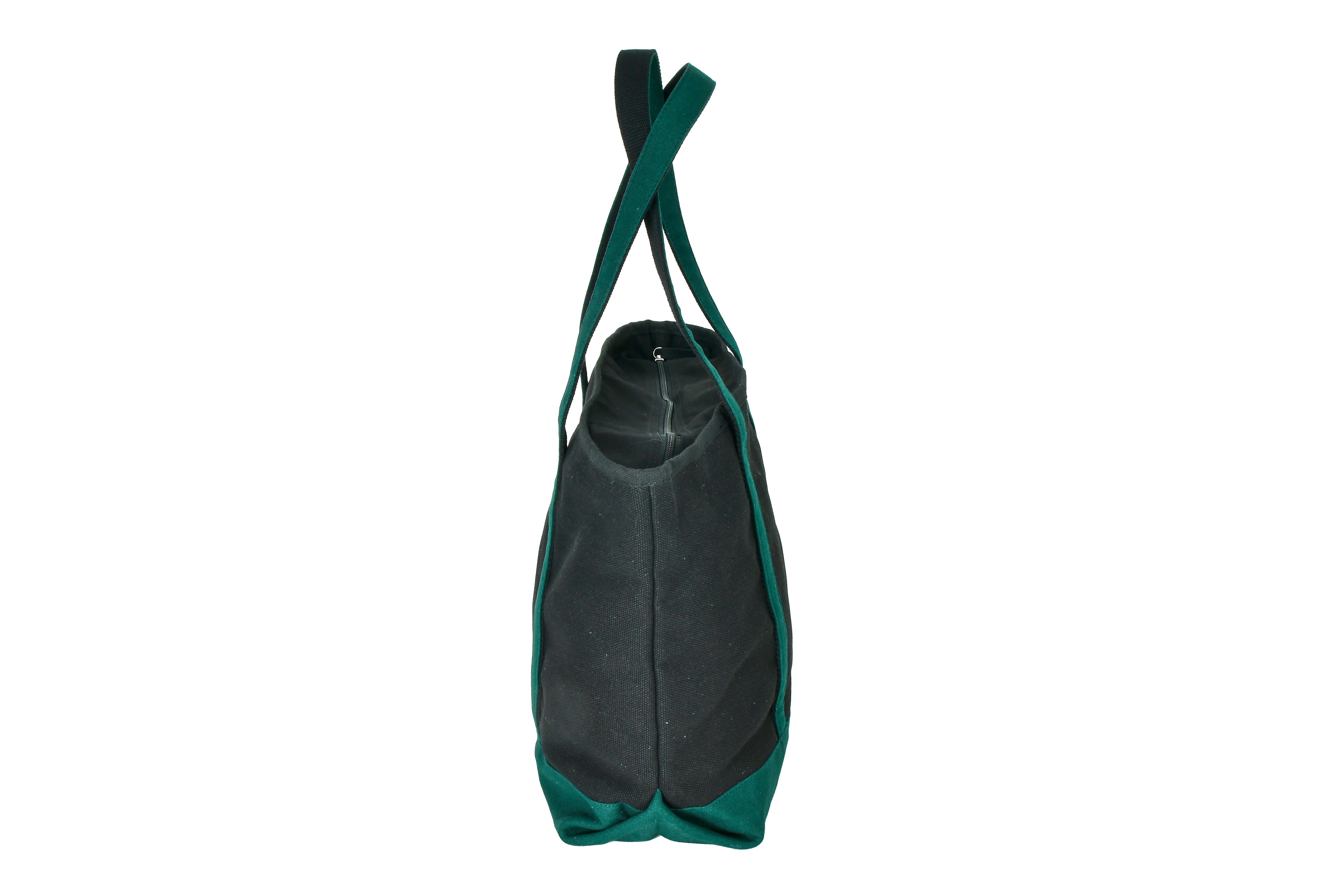 Side view of Oxford Large Cotton Tote in black and green, standing on a white background.