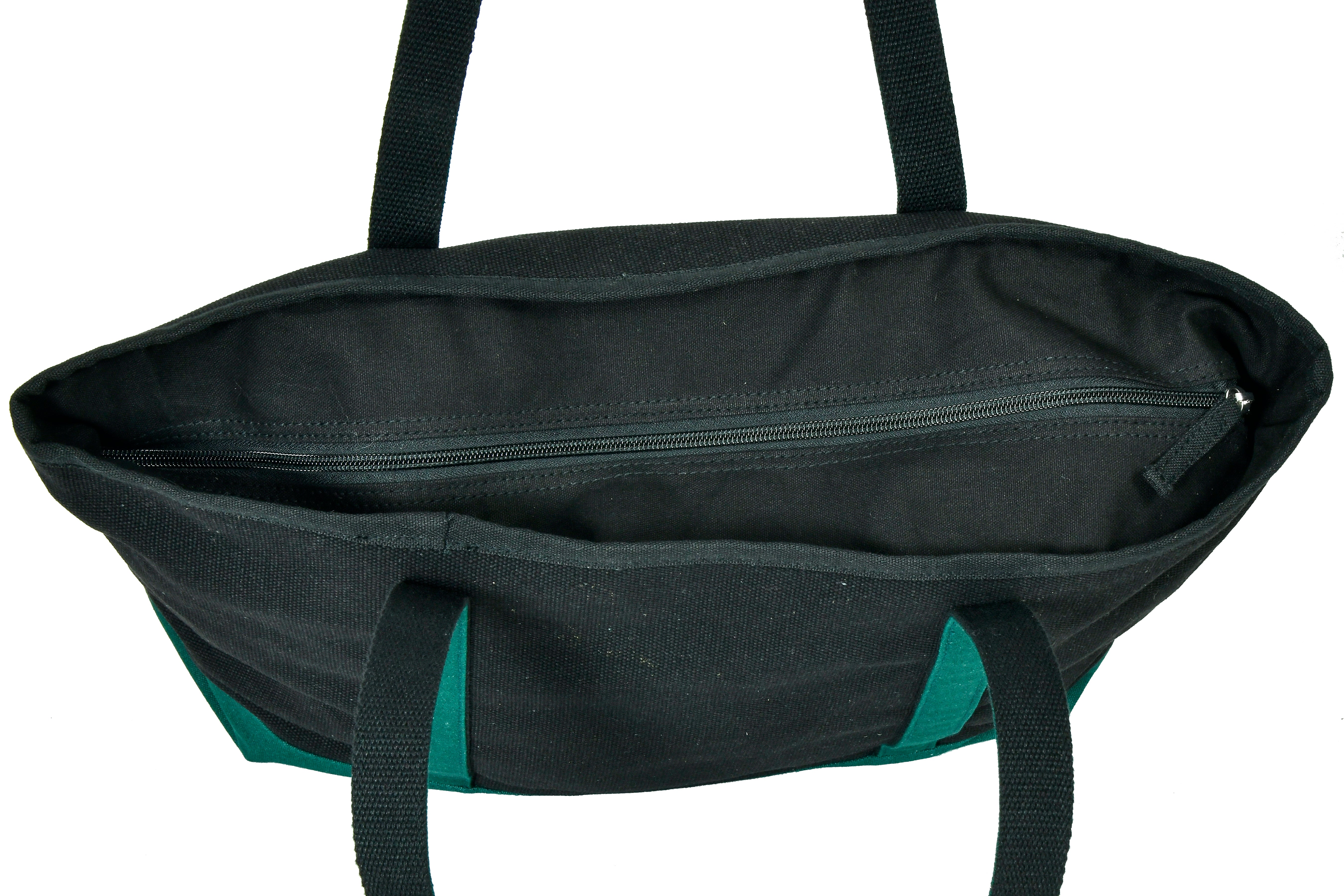 Top view of Oxford Large Cotton Tote in black and green, showing interior with zipper, on a white background.