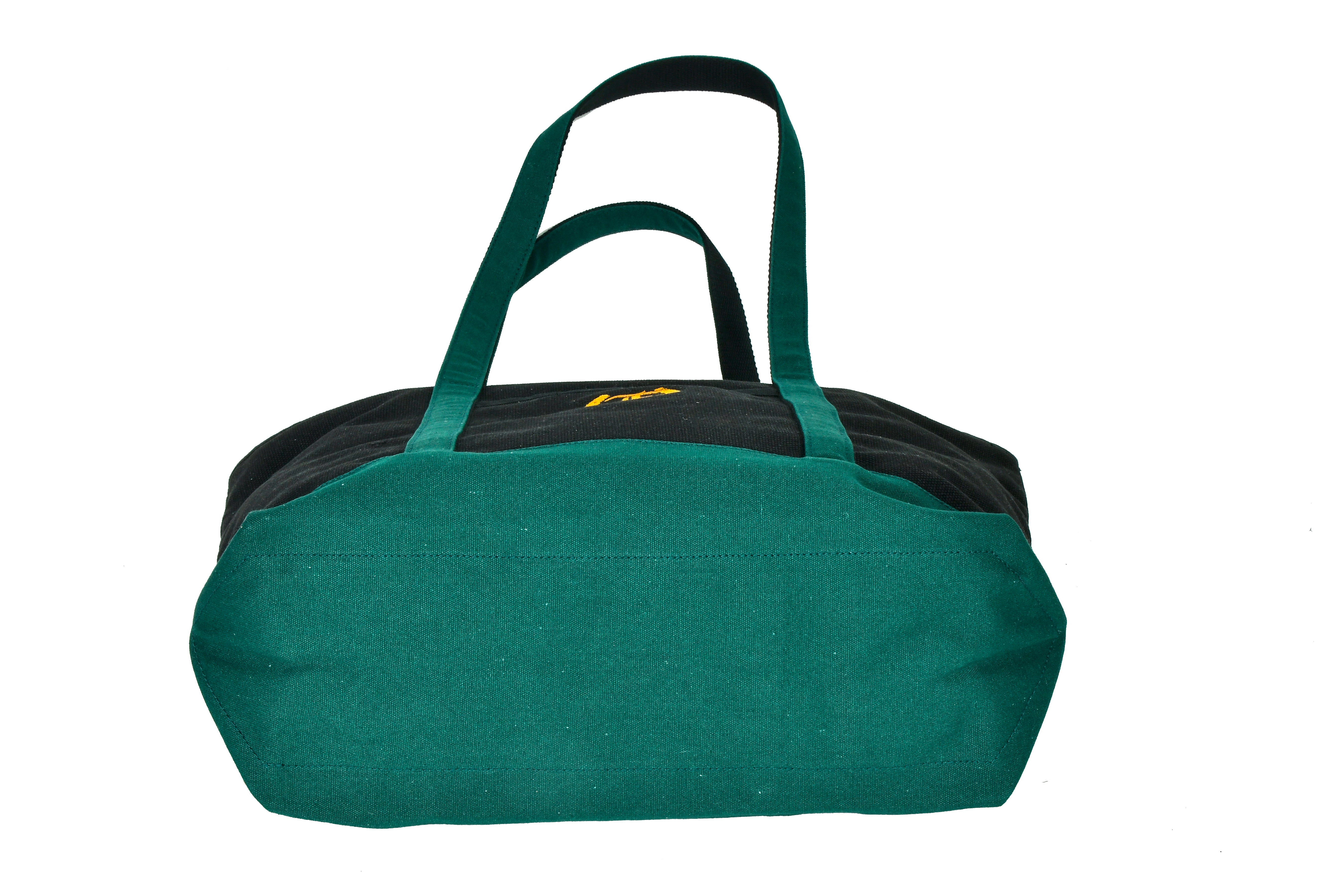Bottom view of Oxford Large Cotton Tote in black and green with gold logo, standing on a white background.