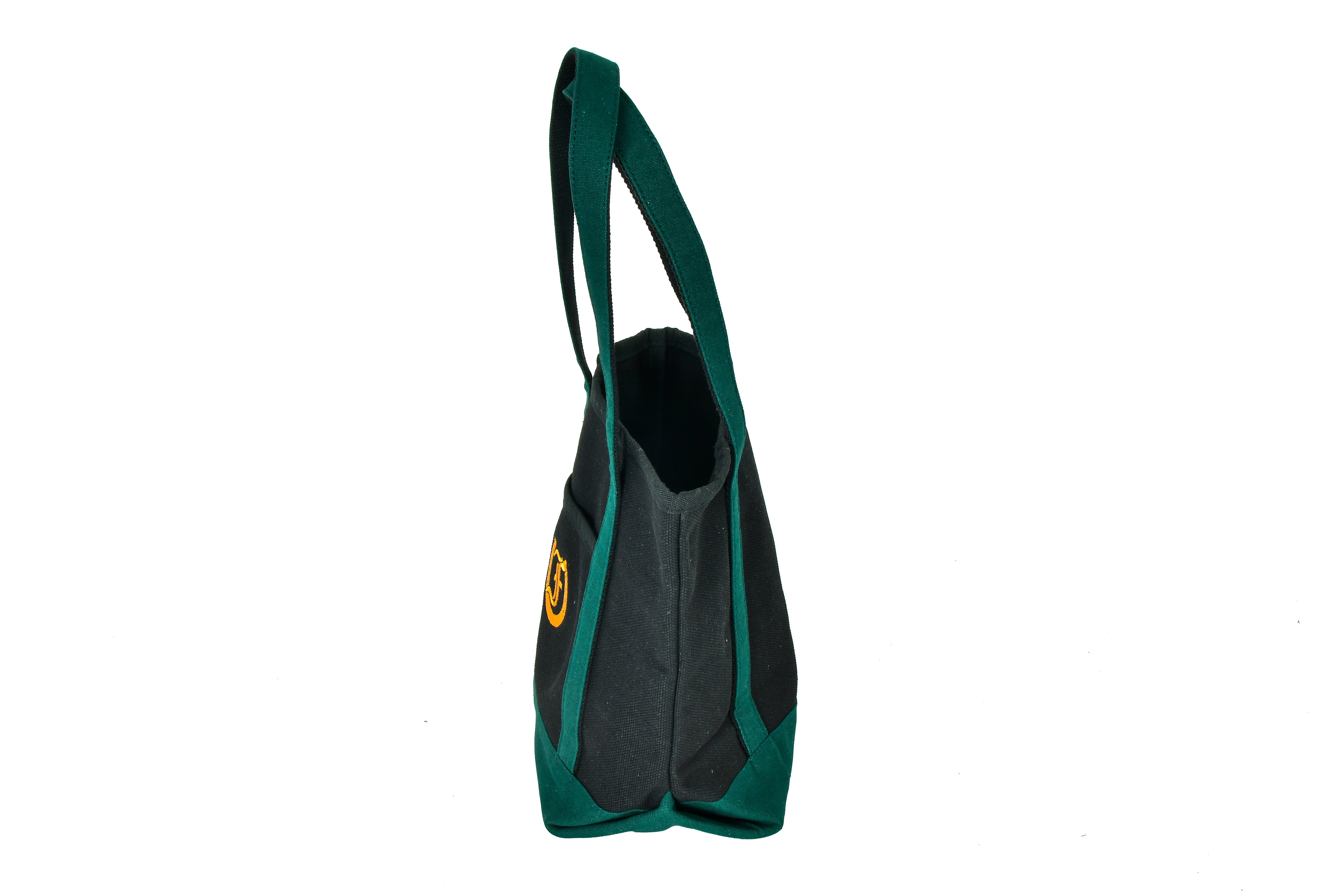 Fitzroy Small Cotton Tote Bag, Side View: Black Cotton Canvas with Green Trim and Single Shoulder Strap