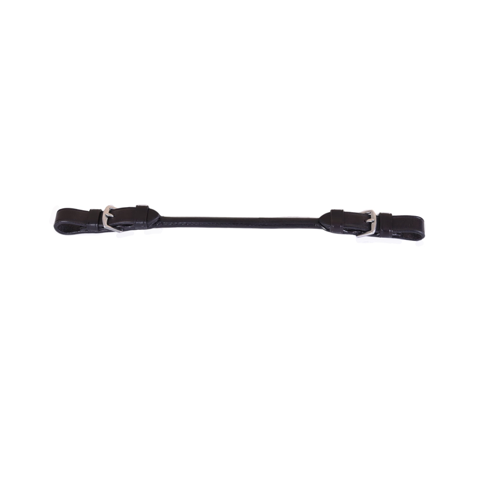 Black leather Saddle Handle with silver buckles, displayed on a white background.