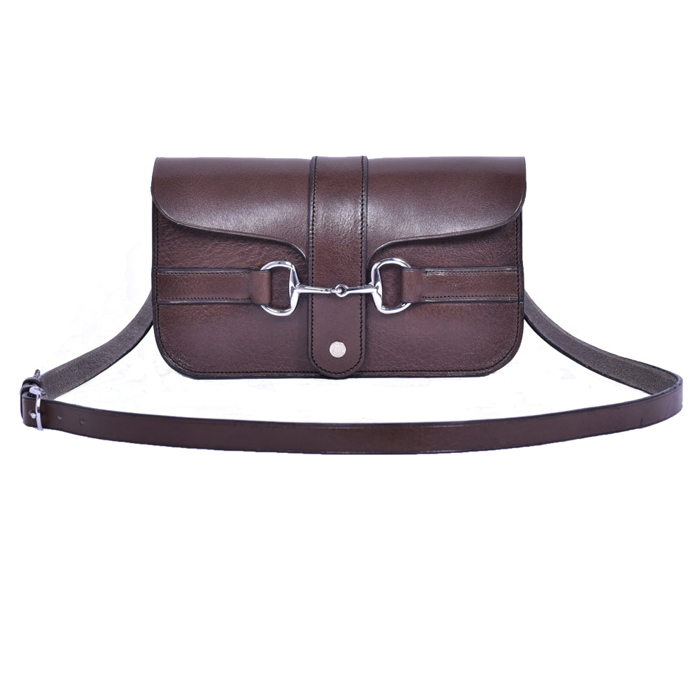 Brown leather Medium Snaffle Bit Shoulder Bag by Freedman's with silver snaffle bit hardware and adjustable strap.