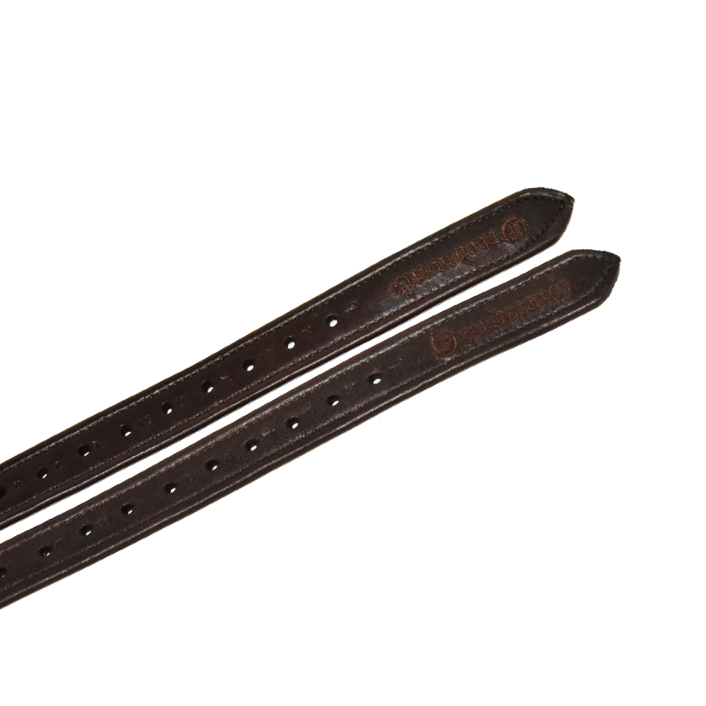 Brown leather stirrup leathers with perforations and "Freedman's" embossed, displayed on a white background.