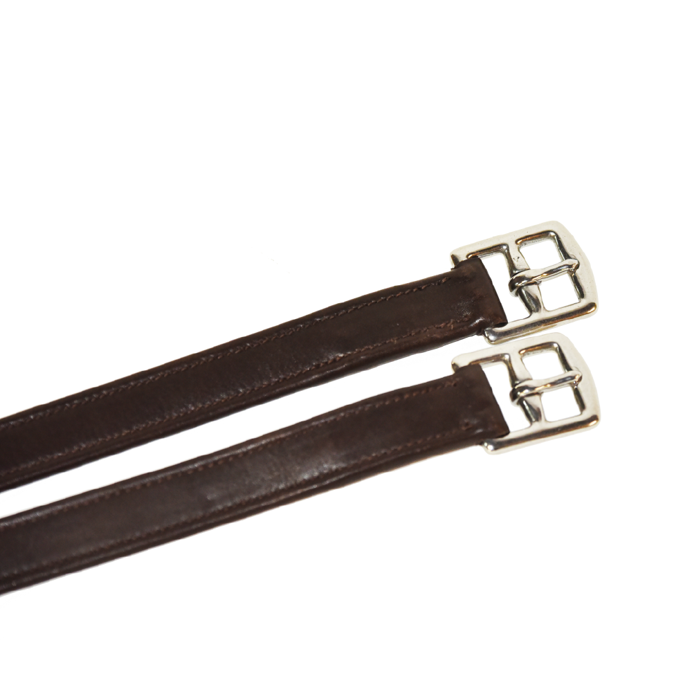 Brown leather stirrup leathers with silver buckles, displayed on a white background.