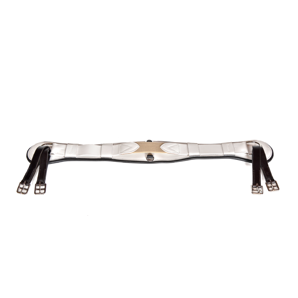 Freedman's Stabil-Flex Girth, full view, white padded center with black leather straps and silver buckles, horse tack for secure saddle fit and comfort.