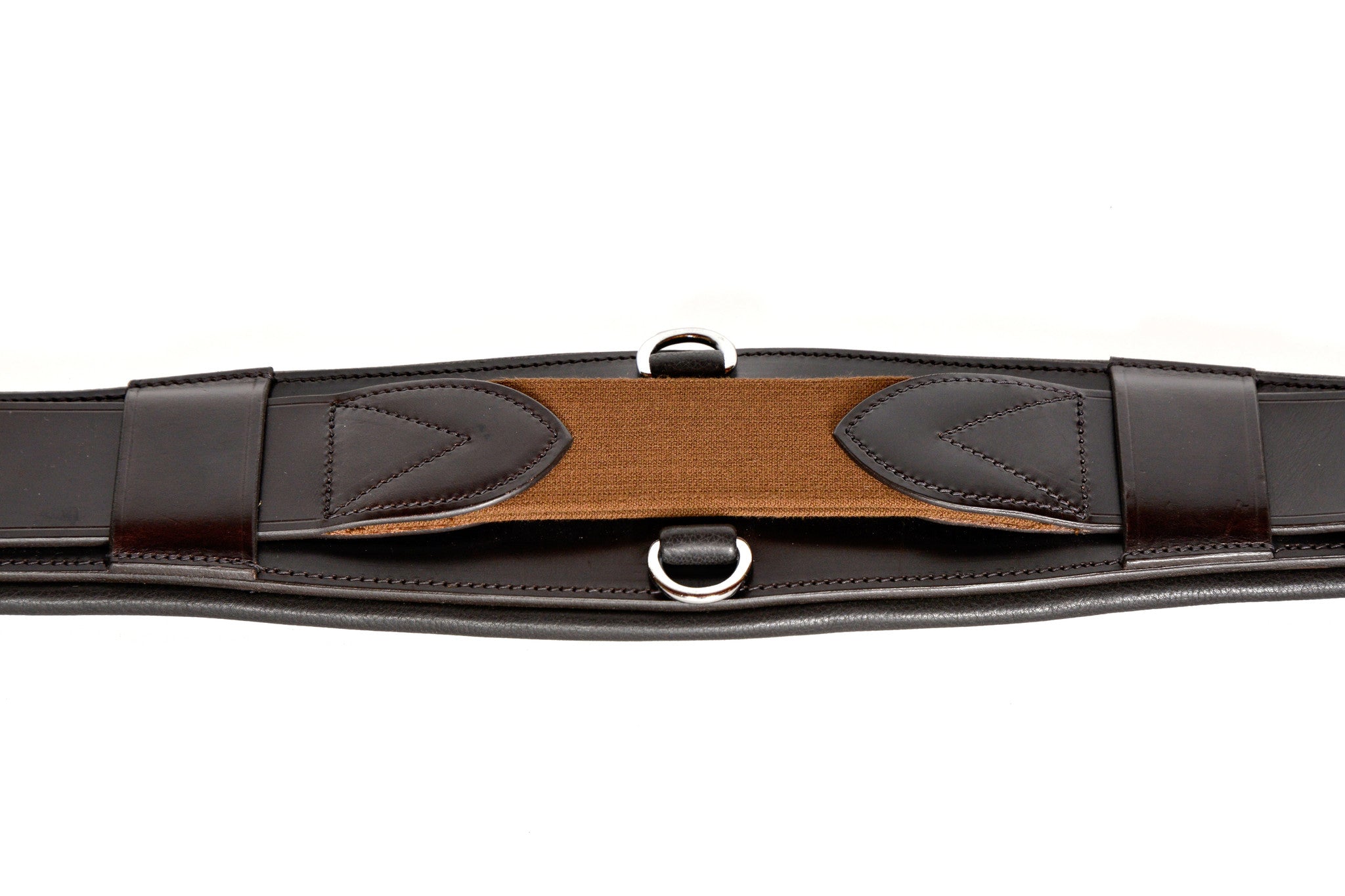 Close-up of Freedman's Brown Leather Stabil-Flex Girth, showing tan center panel and D-rings.