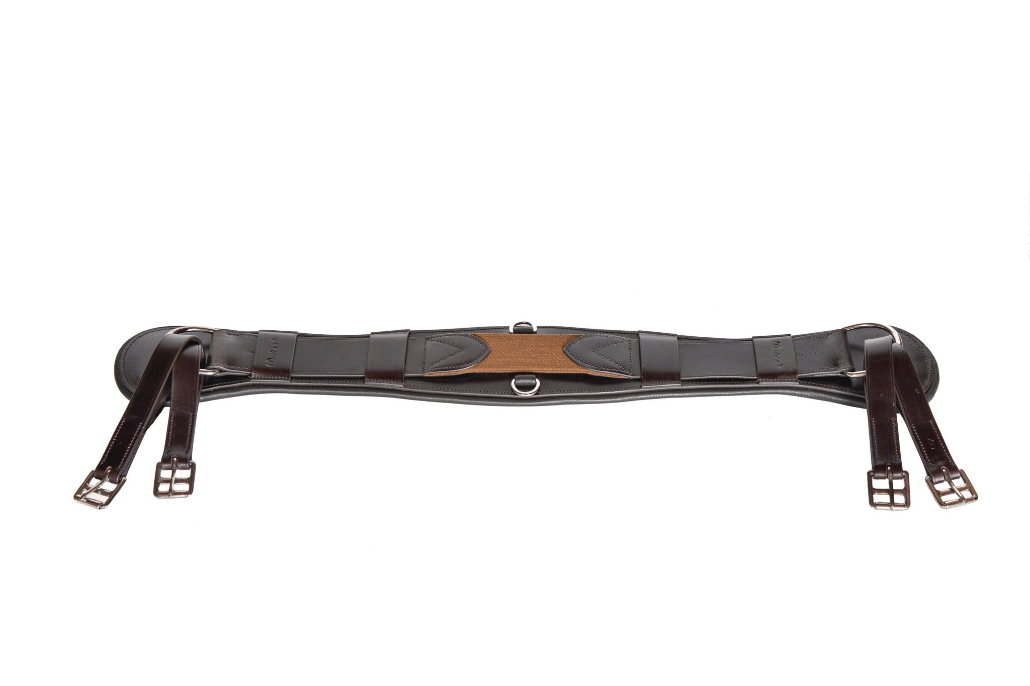 Brown leather Stabil-Flex Girth by Freedman's, with darker center panel and buckles.