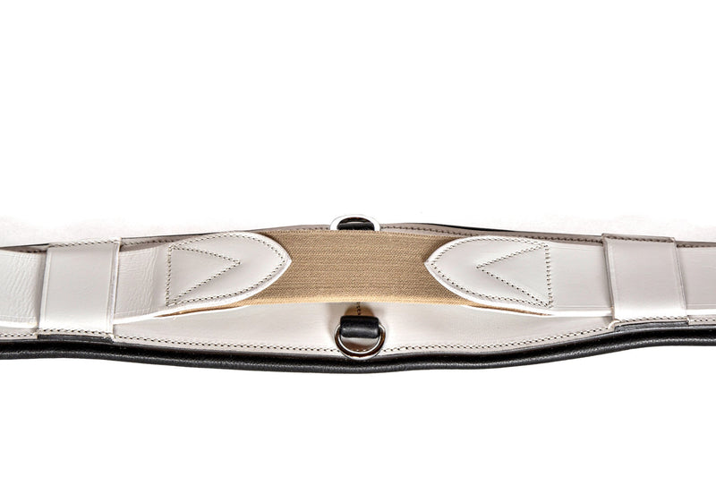 Close-up of Freedman's Stabil-Flex Girth, showing white padding, tan center, and black stitching.