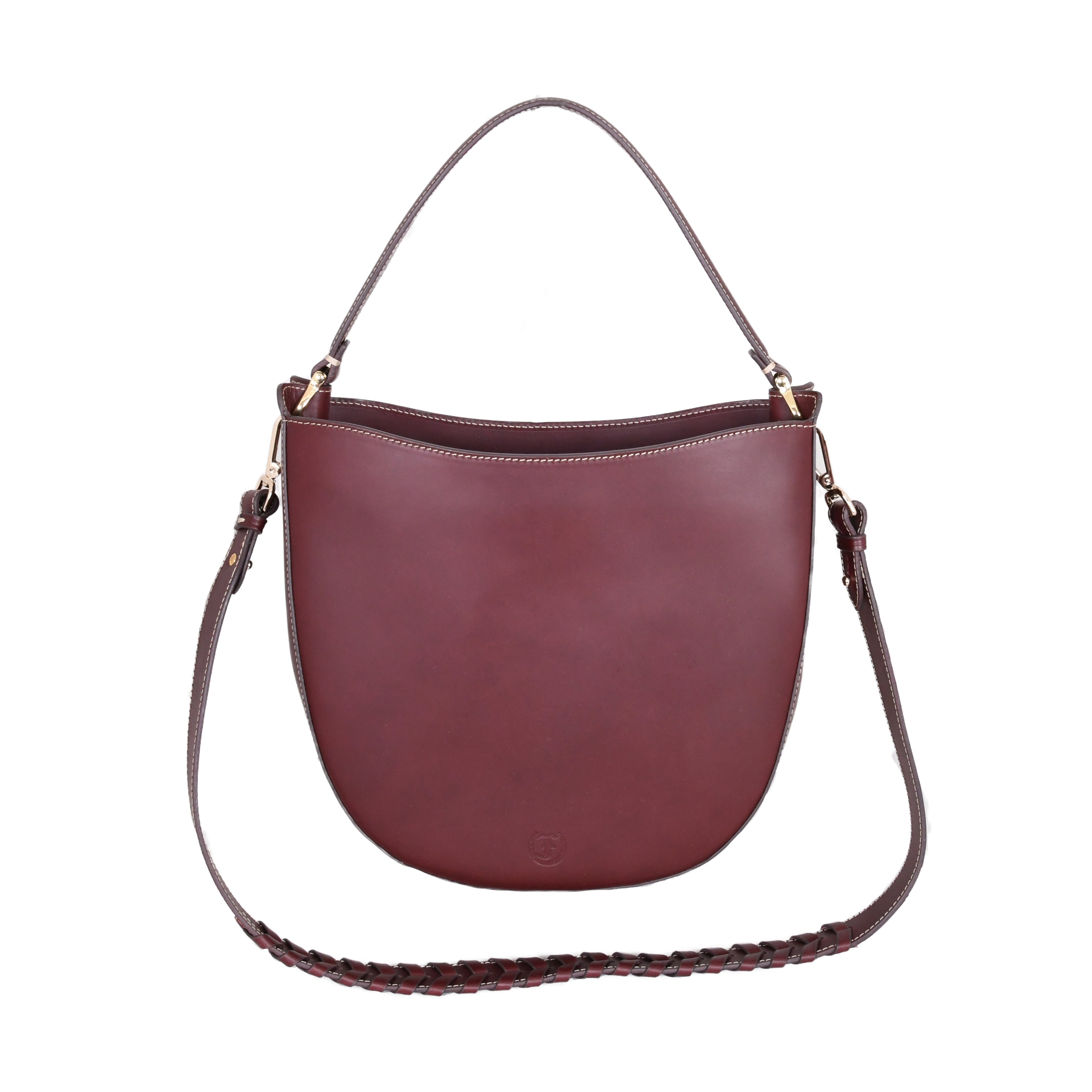 Barouchet Bag in Bordeaux Colour Leather with shoulder strap and handle, shown on a white background