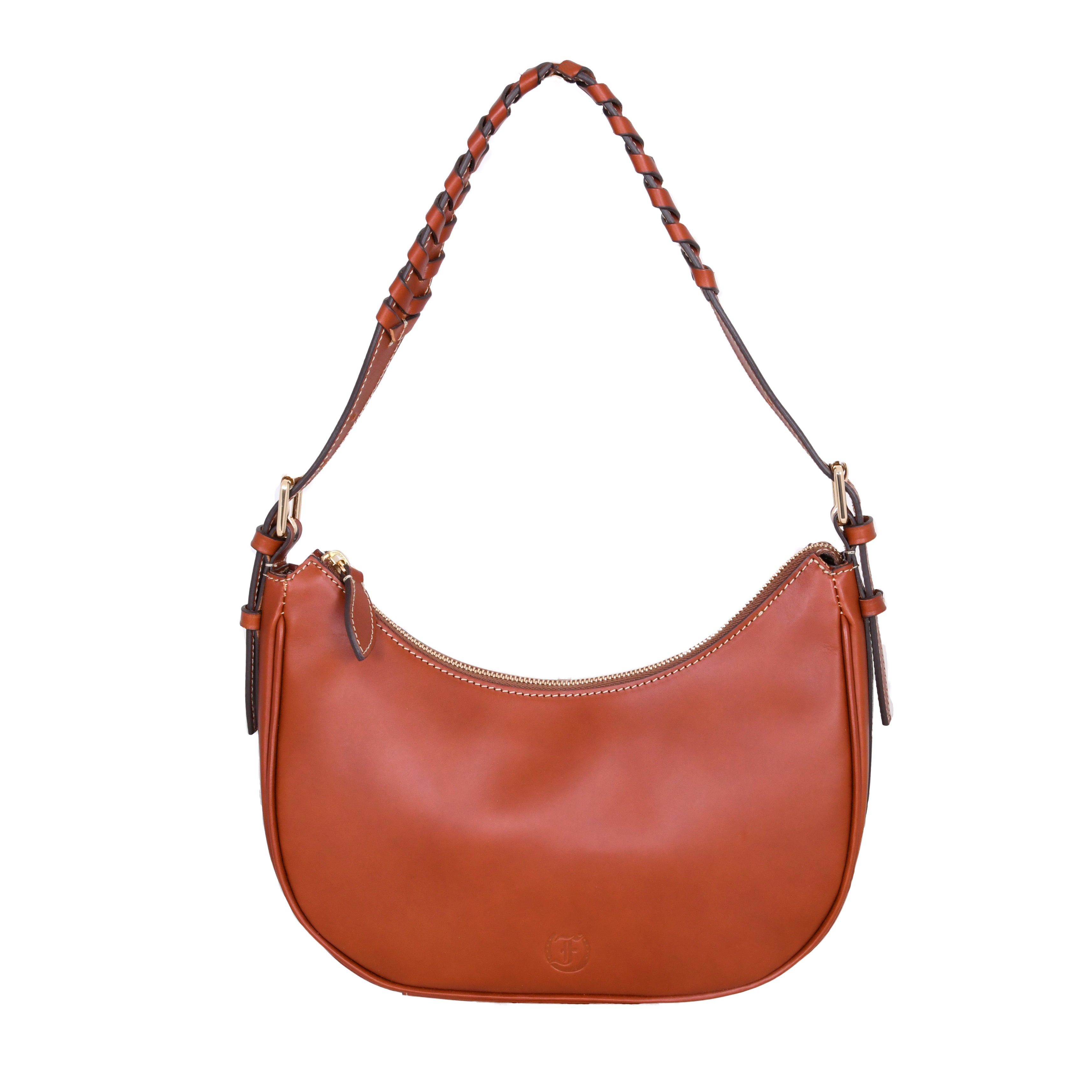 Cognac Brett Bag with braided shoulder strap, shown on a white background.