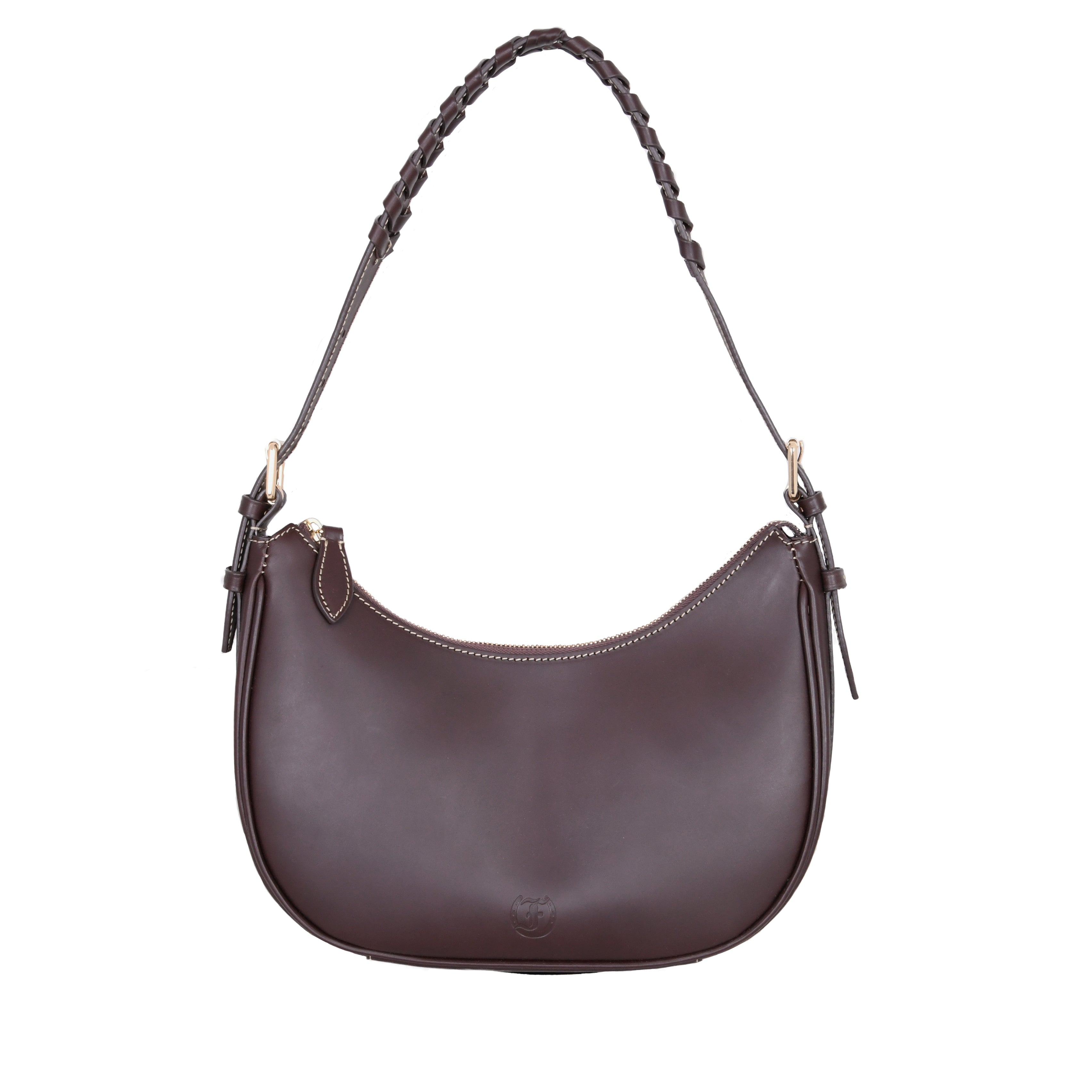 Dark brown Brett Bag with braided shoulder strap, shown on a white background.