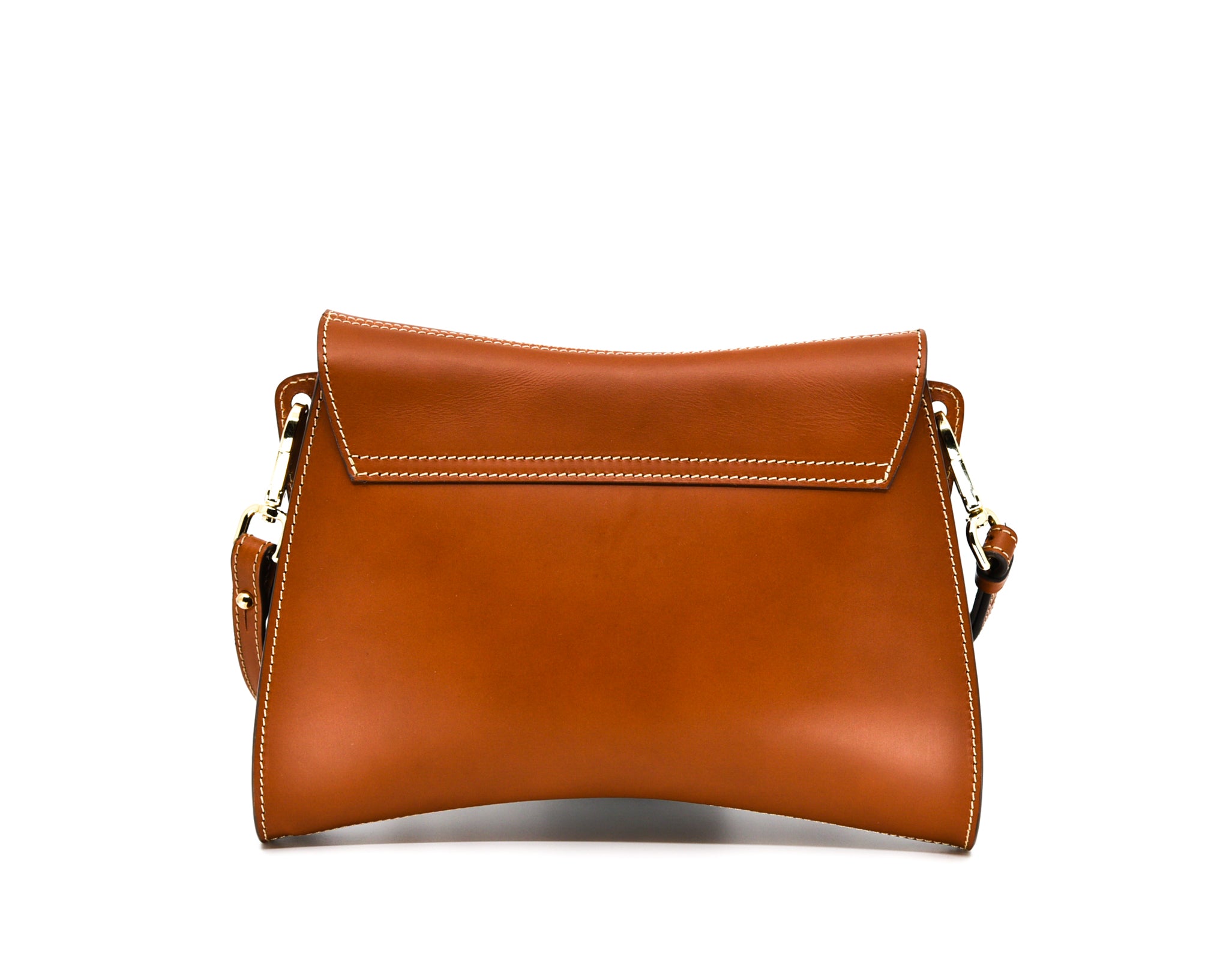 Cognac leather shoulder bag, The Trooper by Freedman's, back view silver hardware, and light stitching.