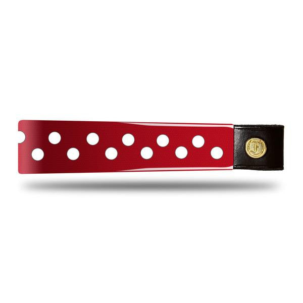 Red Patent Leather Browband with white dots, wide tapered design, polished brass Freedman logo buttons, and dark leather ends, laid flat.