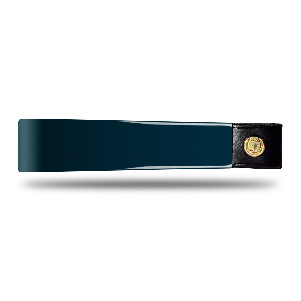 Wide Tapered Patent Leather Browband, glossy navy blue finish, dark leather ends with gold button detail and embossed logo, laid flat on white background, showing smooth surface.