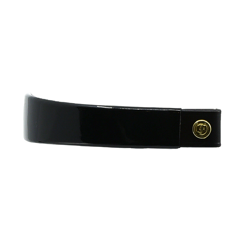 Wide Tapered Patent Leather Browband, glossy Black finish, dark leather ends with gold button detail and embossed logo, laid flat on white background, showing smooth surface.
