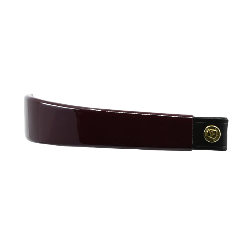 Wide Tapered Patent Leather Browband, glossy Burgundy finish, dark leather ends with gold button detail and embossed logo, laid flat on white background, showing smooth surface.