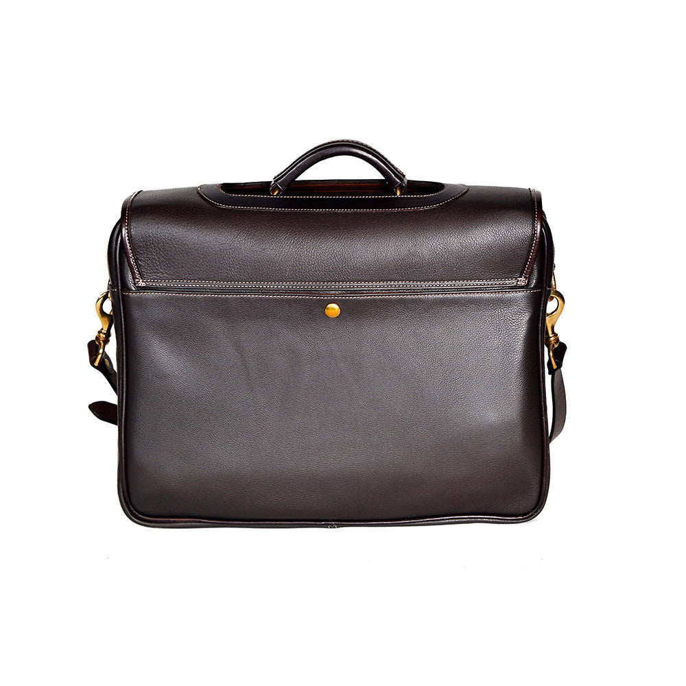 Dark Brown leather briefcase, Wagonette model, back view with handle, zipper detail, and shoulder strap hardware.