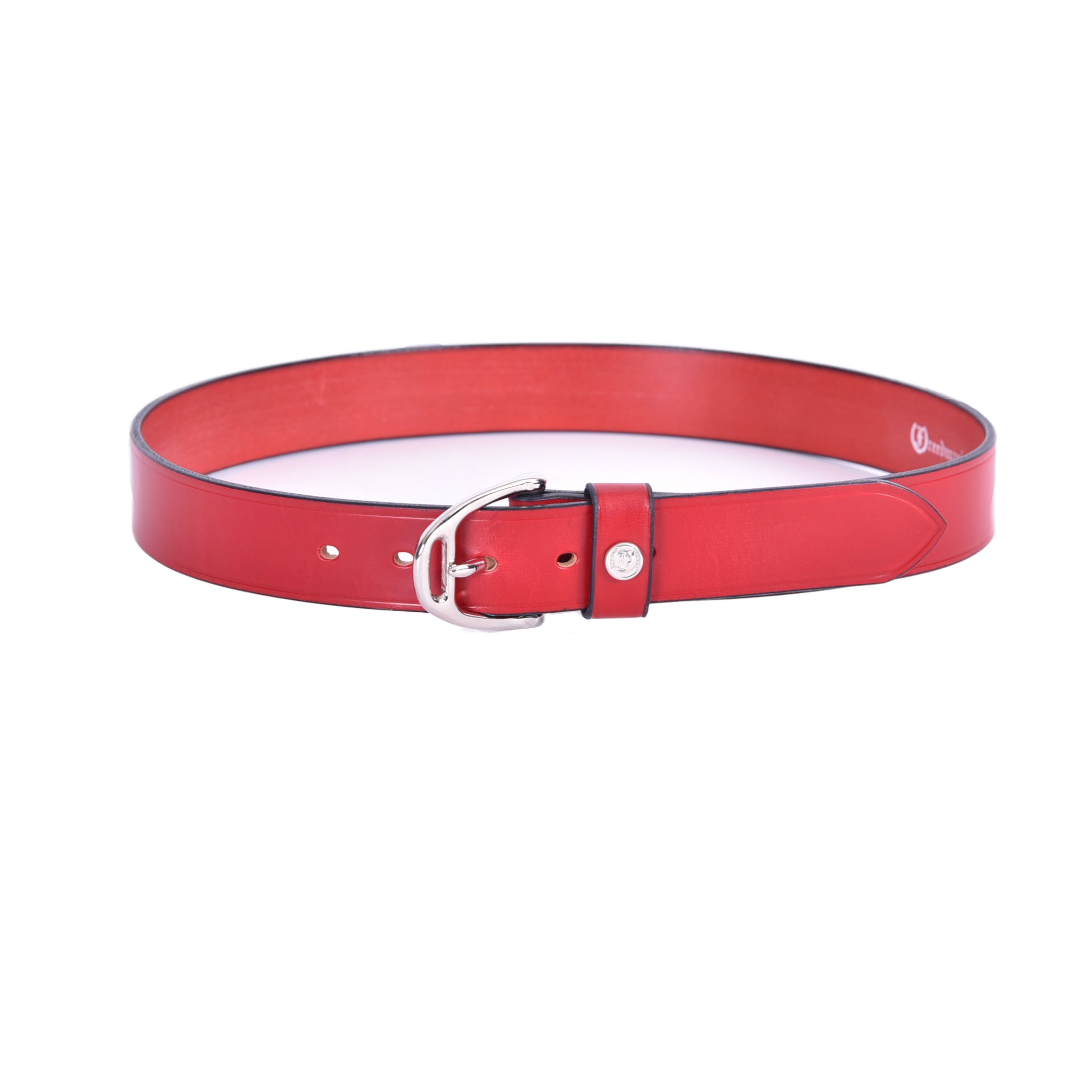 Freedman's Wembley 1 3/8" Stirrup Buckle Belt, red leather, silver stirrup-shaped buckle, embossed logo on leather loop, shown on white background.